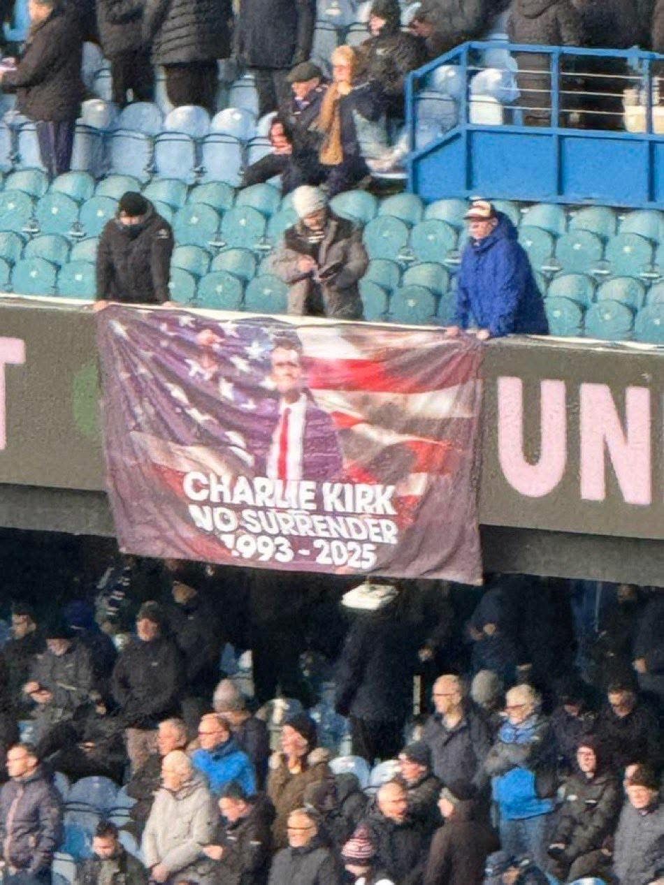 When - Charlie Kirk flag spotted at Ibrox yesterday during the Rangers ...