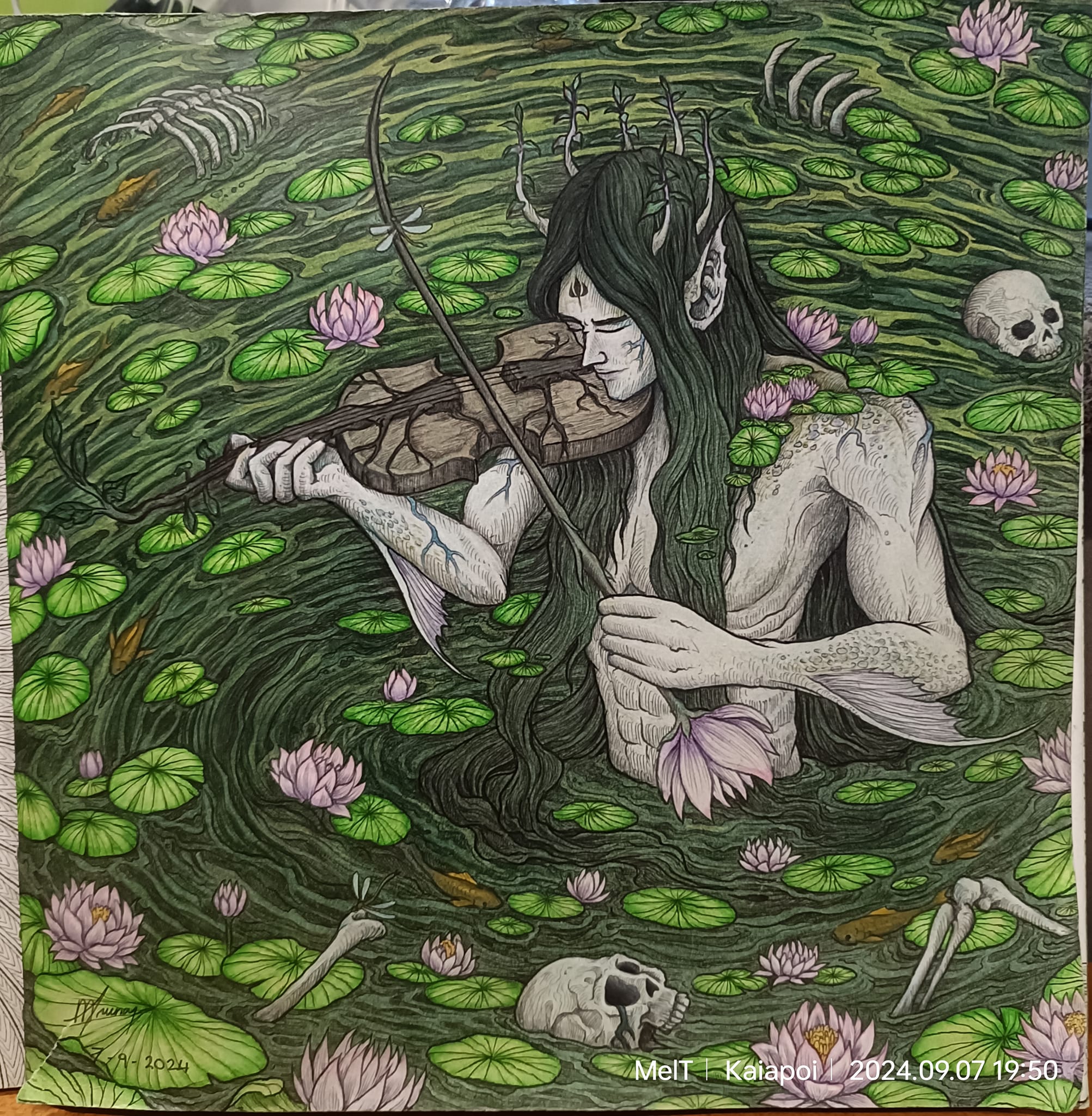 Finished Nøkken coloring page with polychrome pencils