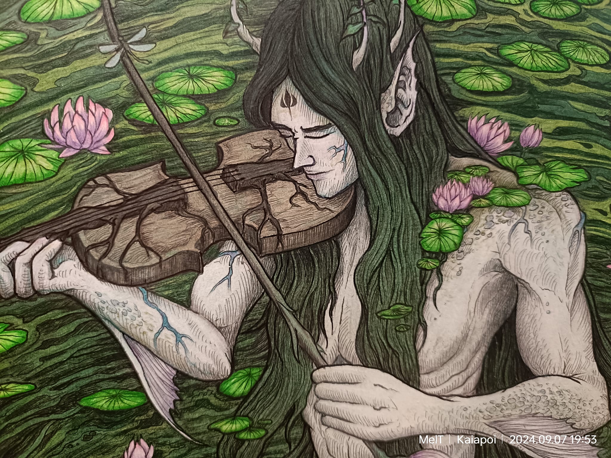 Finished Nøkken coloring page with polychrome pencils