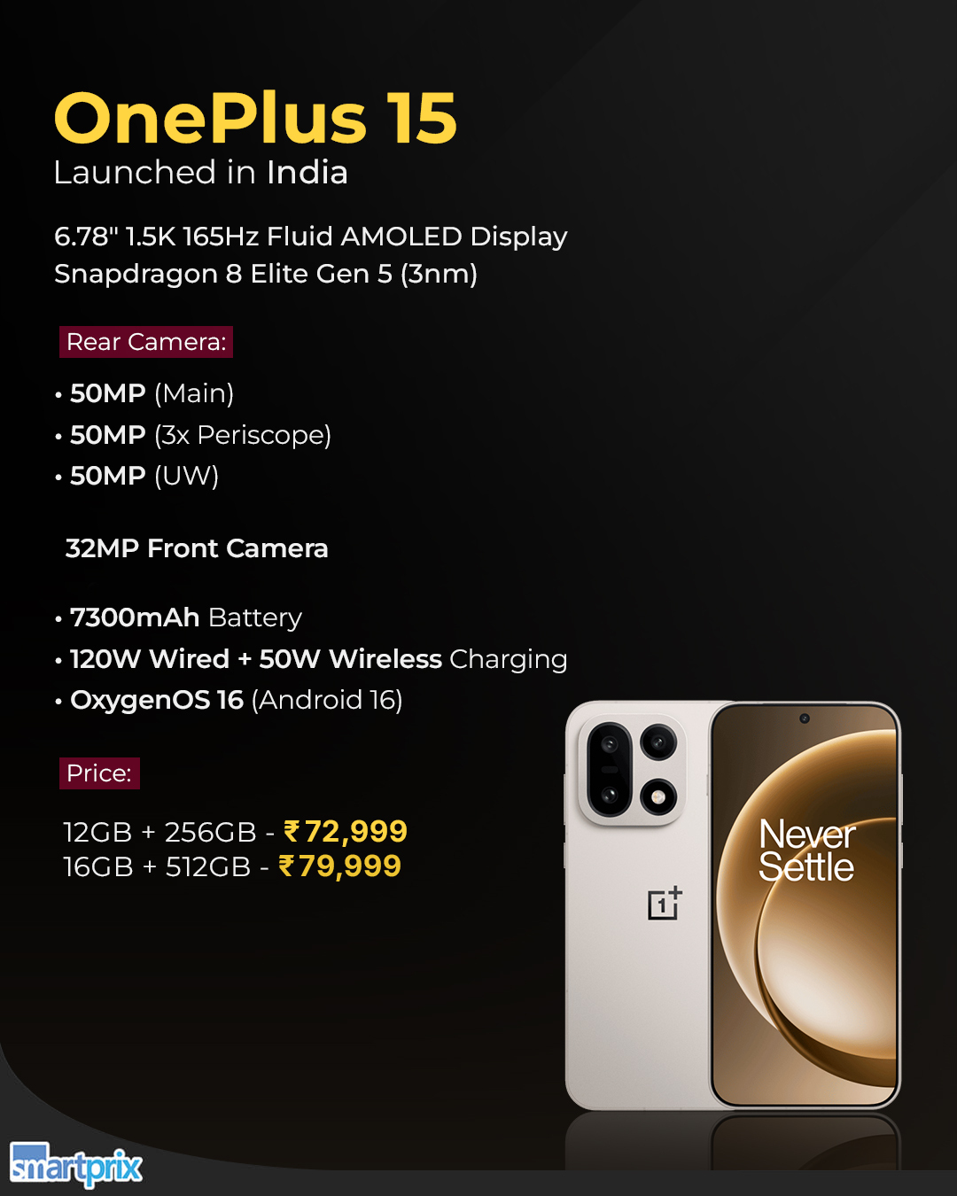 OnePlus 15 AI Smartphone 16GB+512GB, Batteria 7300mAh, Tripla Fotocamera 50MP E Video 4K 120FPS Con Ricarica 120W