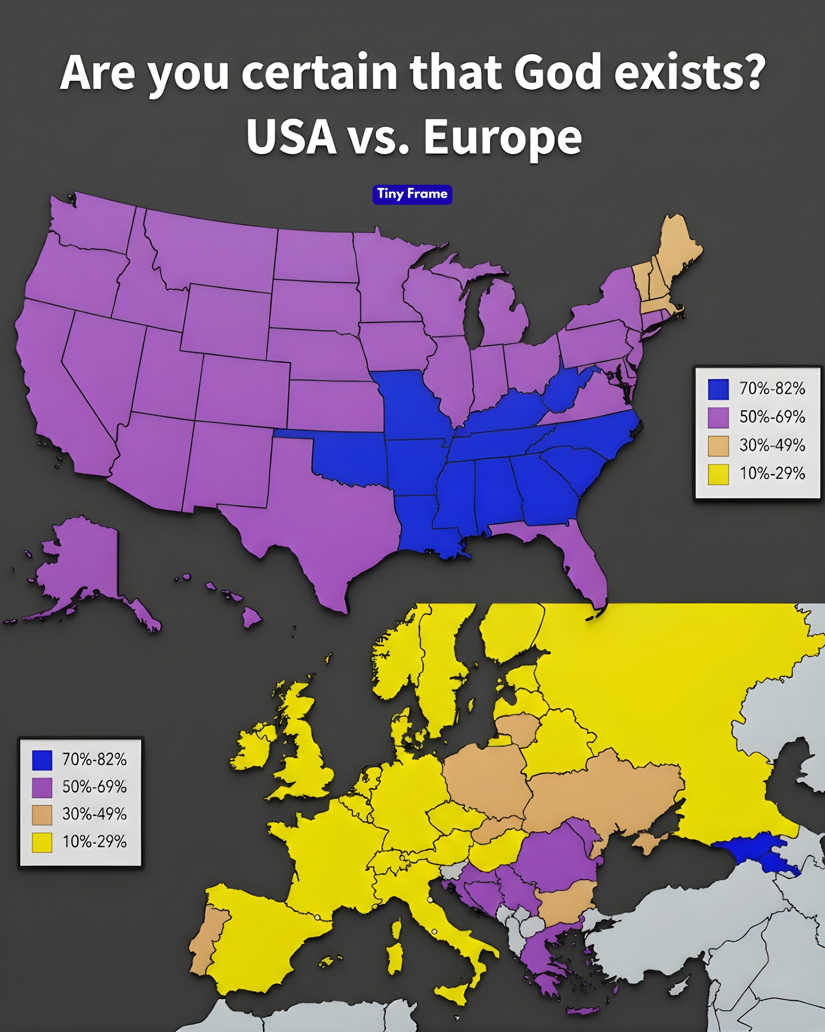 TinyFrame - Belief in God: USA vs Europe 🇺🇸🇪🇺🙏 | The... | Facebook