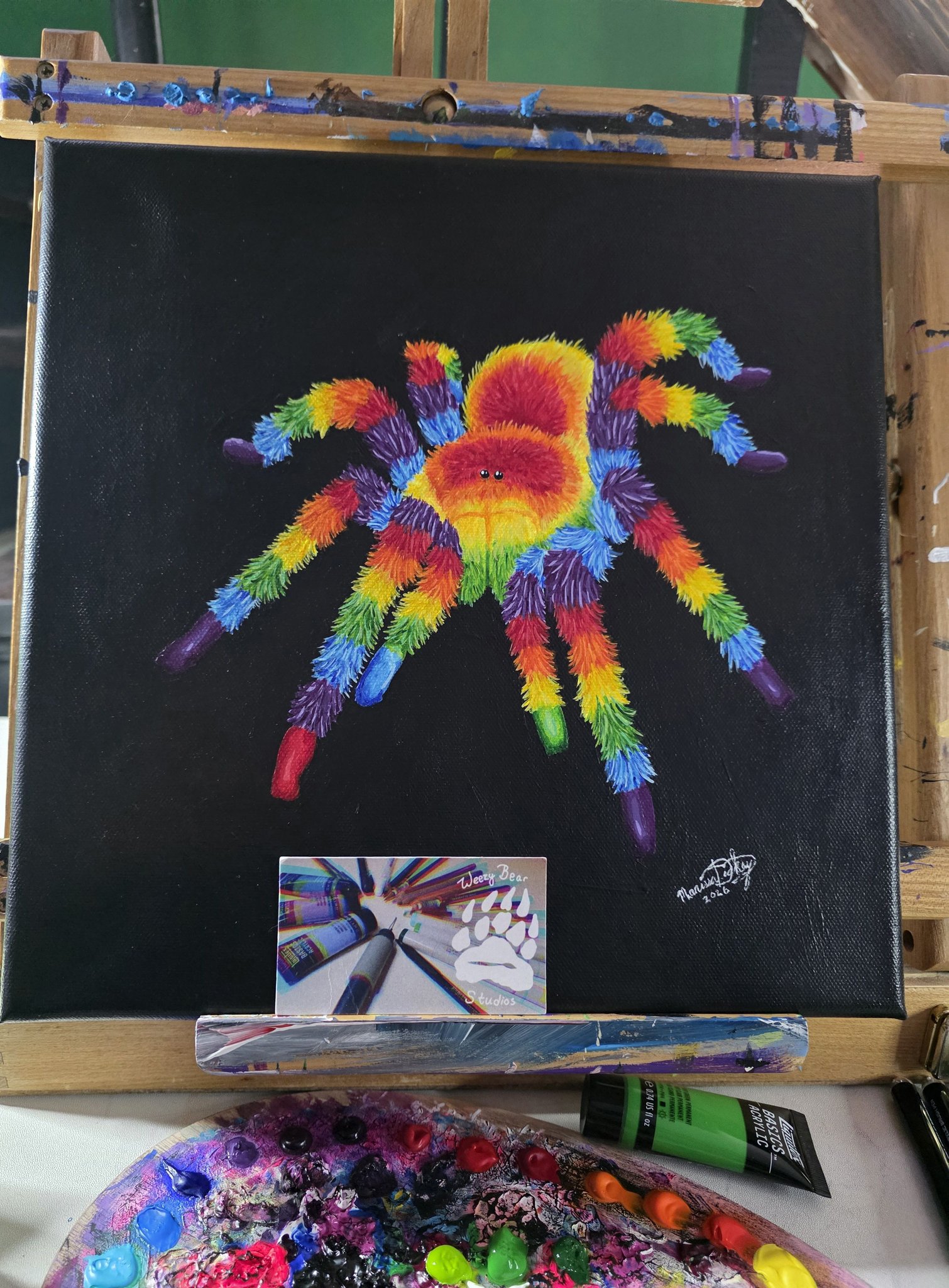Vibrant rainbow tarantula painting by Weezybear Studios