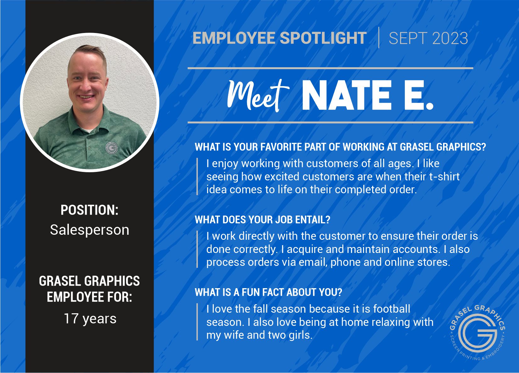 Grasel Graphics - Our September Employee Spotlight, Nate! | Facebook