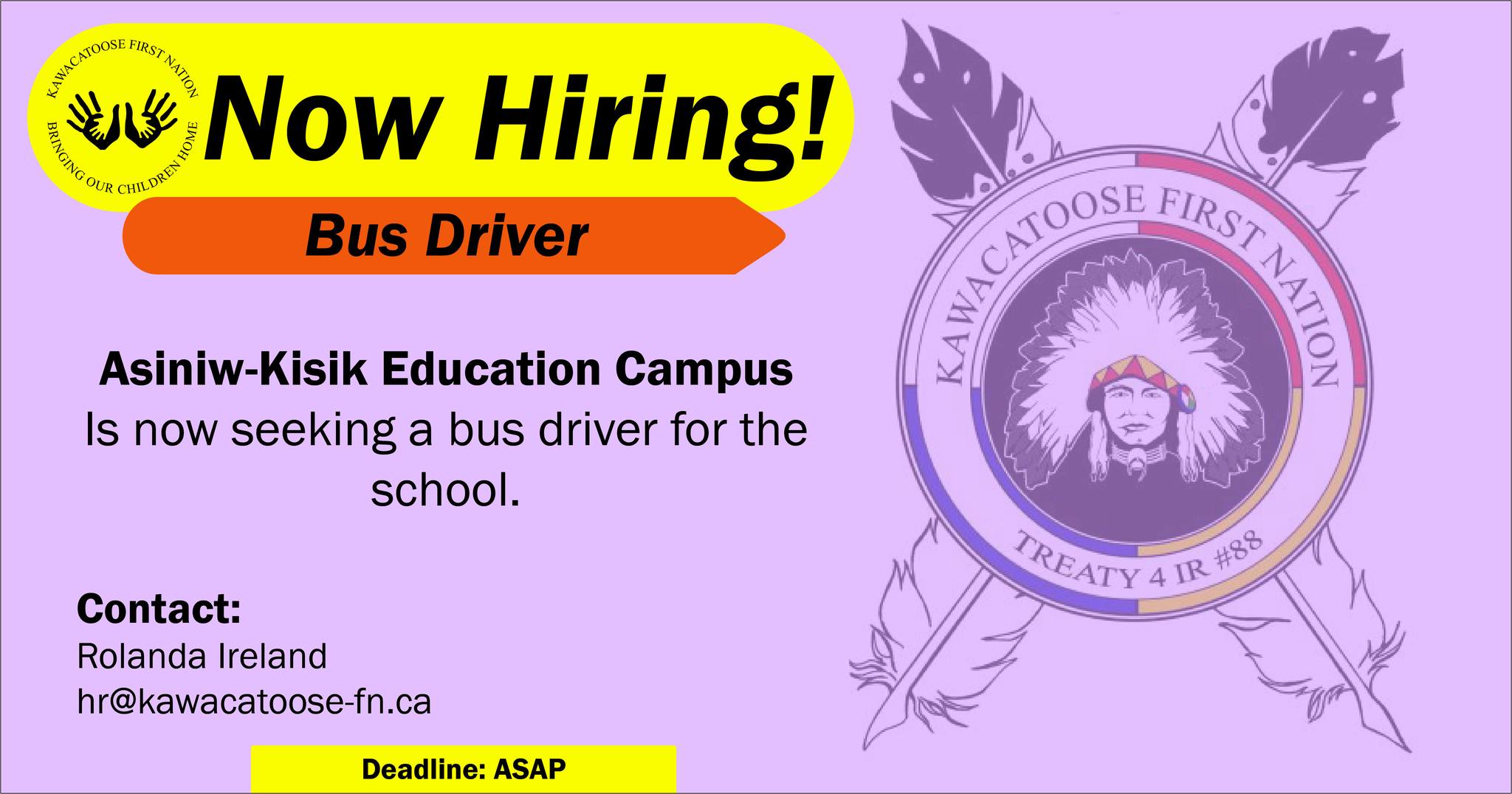 Now Hiring! Bus Driver,... - Kawacatoose First Nation