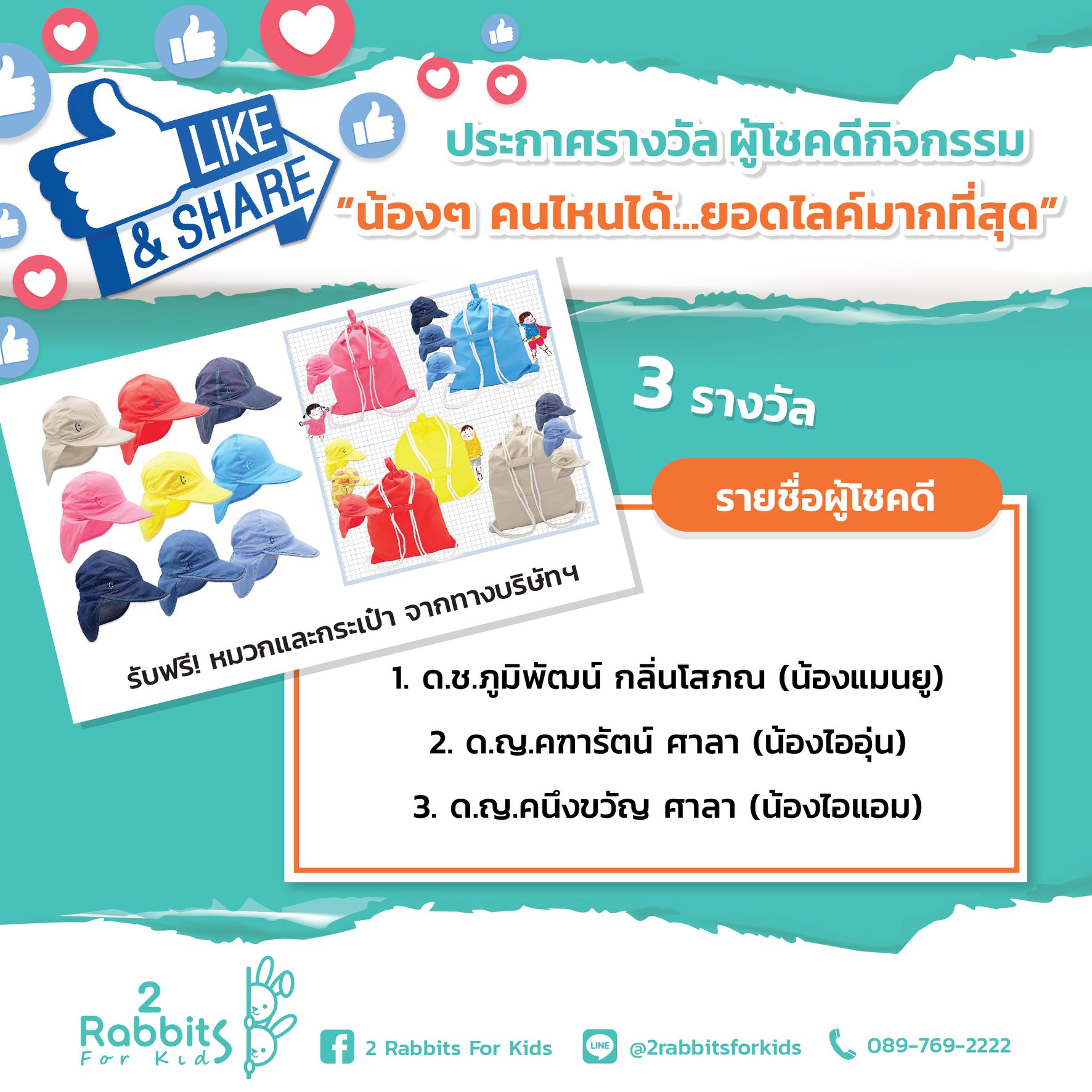 ประกาศรางวัล ผู้โชคดีกิจกรรม ”น้องๆ... - 2 Rabbits For Kids | Facebook