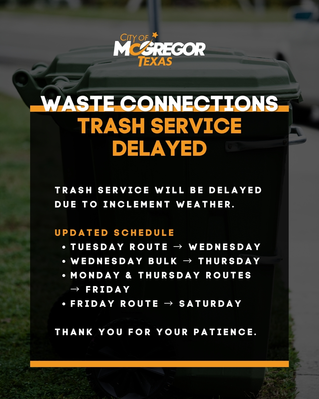 ⚠️ Trash Collection Schedule Update ⚠️... - City of McGregor | Facebook