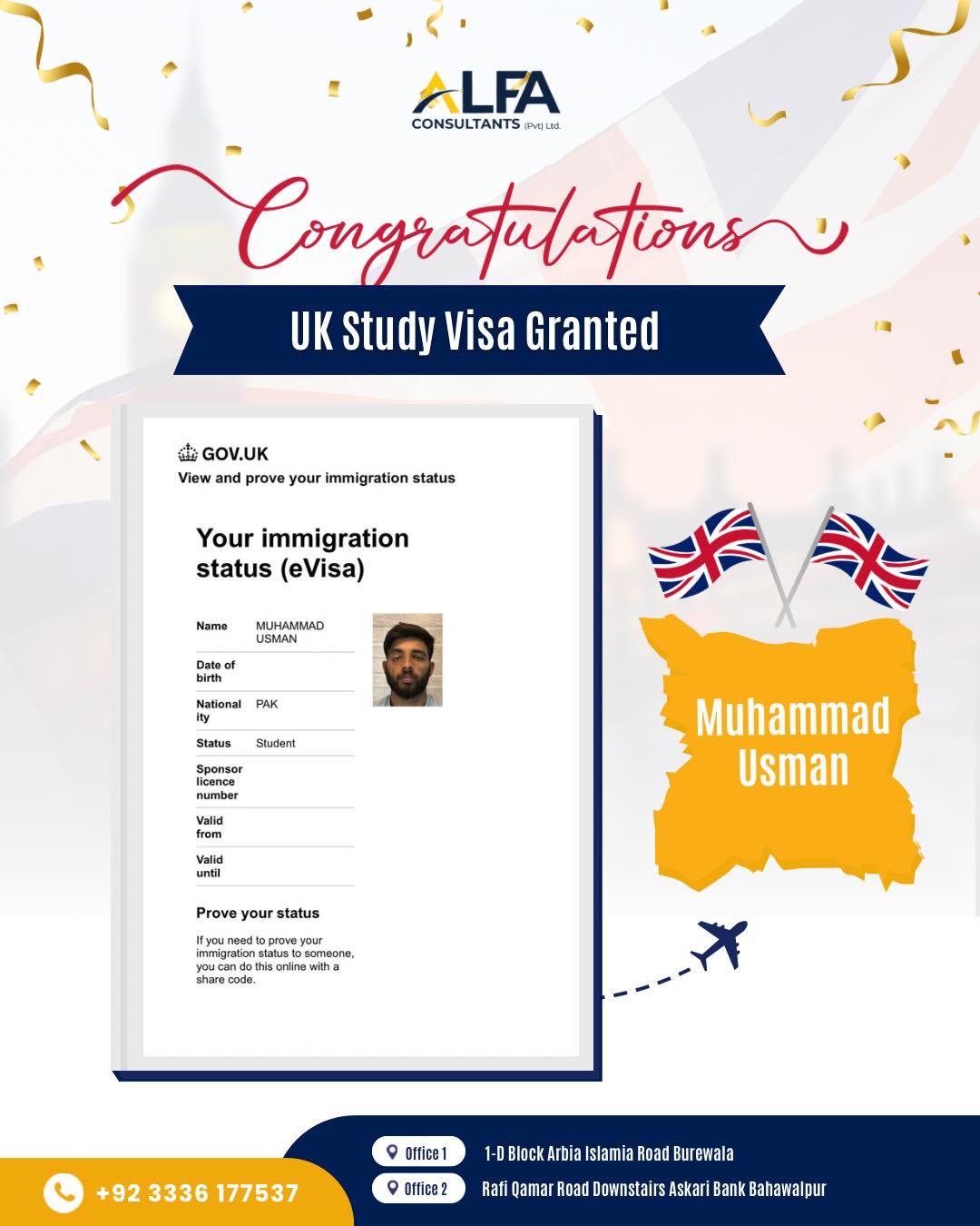 ALFA - 📣 Congratulations! 🎉 Another UK Study Visa Successfully Secured ...