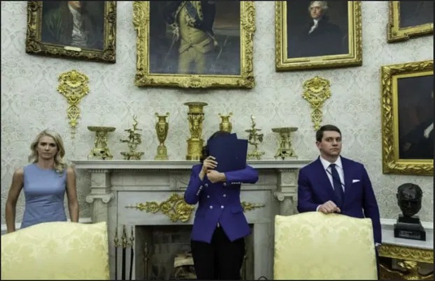 gretchen whitmer blue dress Michigan Gov regrets hiding face at Oval Office ANIMAL Dolce & Gabbana Lace Color:Darkest Night