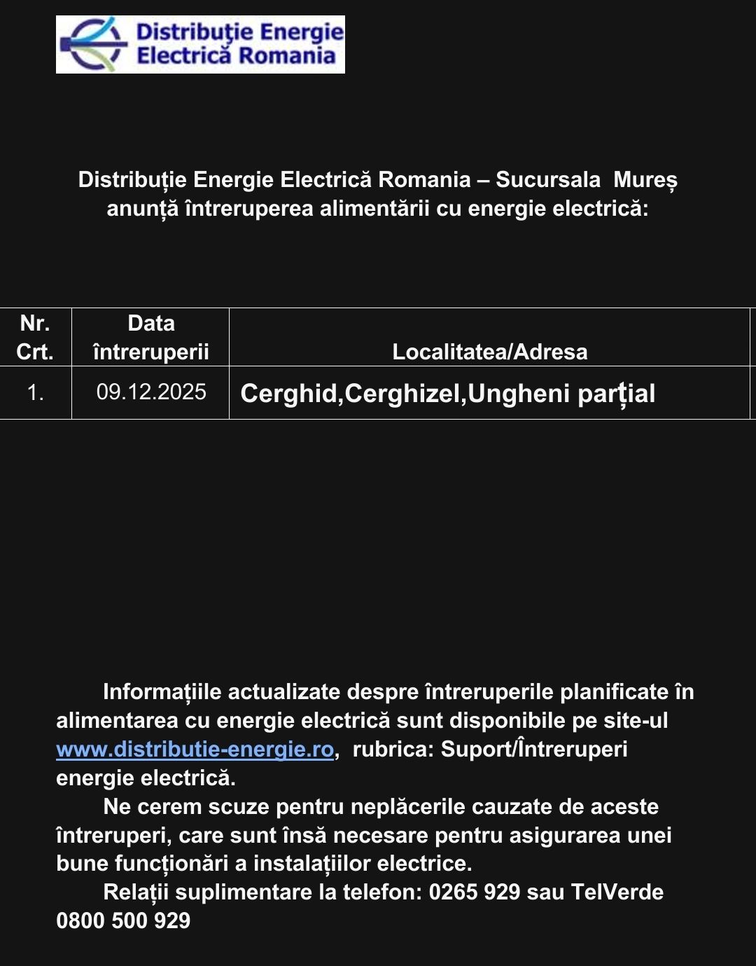 Distribuție Energie Electrică Mureș a anunțat întrerupere în Ungheni pe 21 august 2026