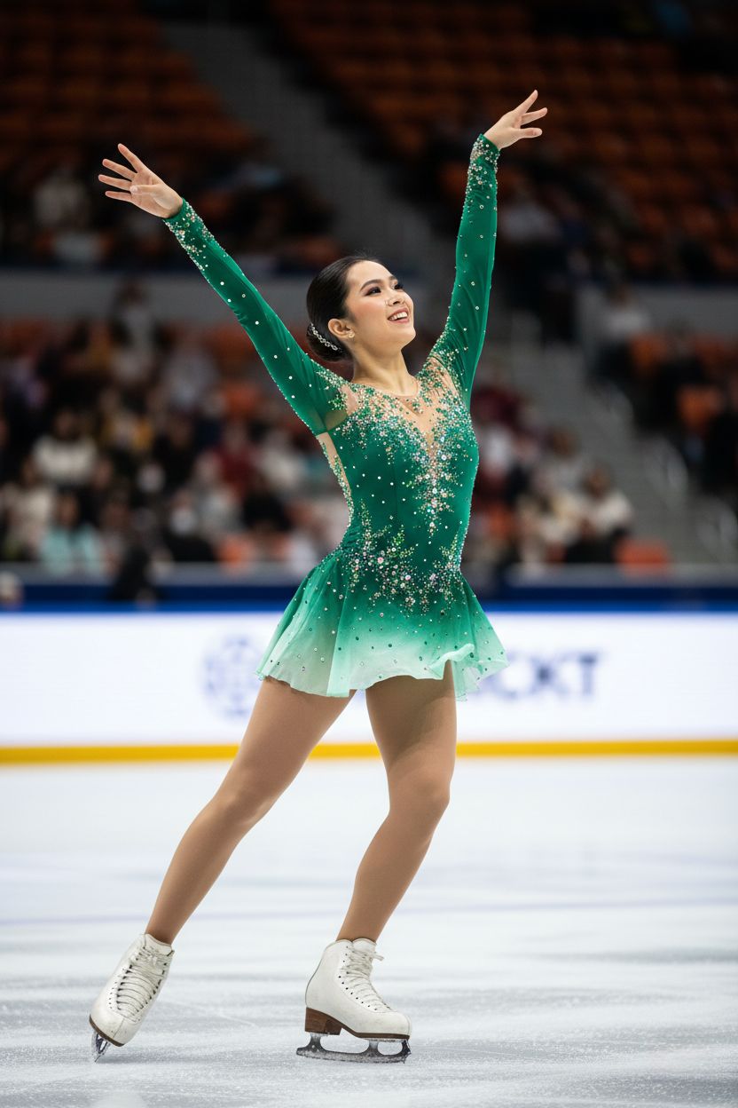 emerald green figure skating dress Female skater in performs on ice March 2022