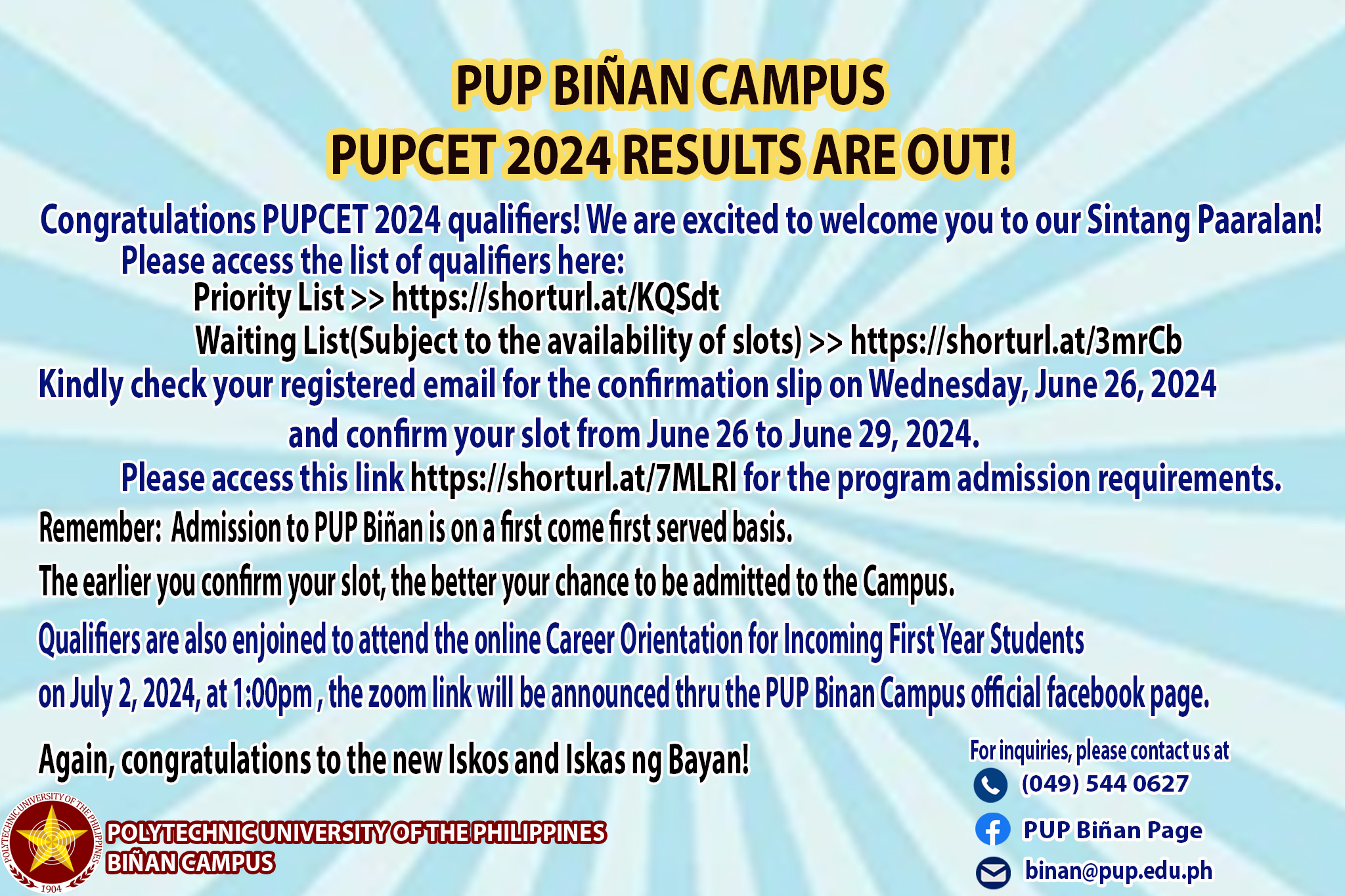 City of Biñan - PUP BIÑAN CAMPUS PUPCET 2024 RESULTS ARE... | Facebook