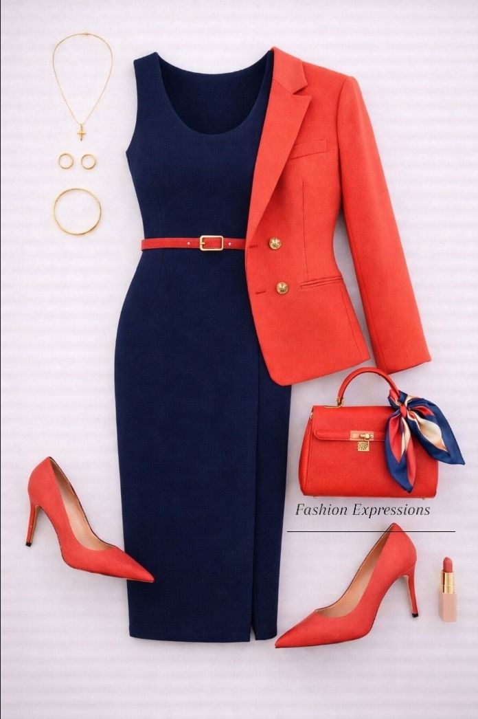 Navy & Coral — where power meets polish. Bold enough to stand out, classic enough to stay timeless. ✨ Which detail are you loving most — the blazer or the heels? 👠👜 #