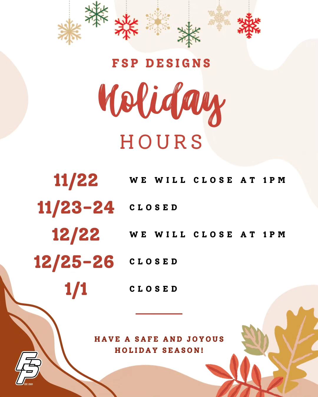 FSP Designs - 🍂Hello everyone! Here are our holiday store... | Facebook