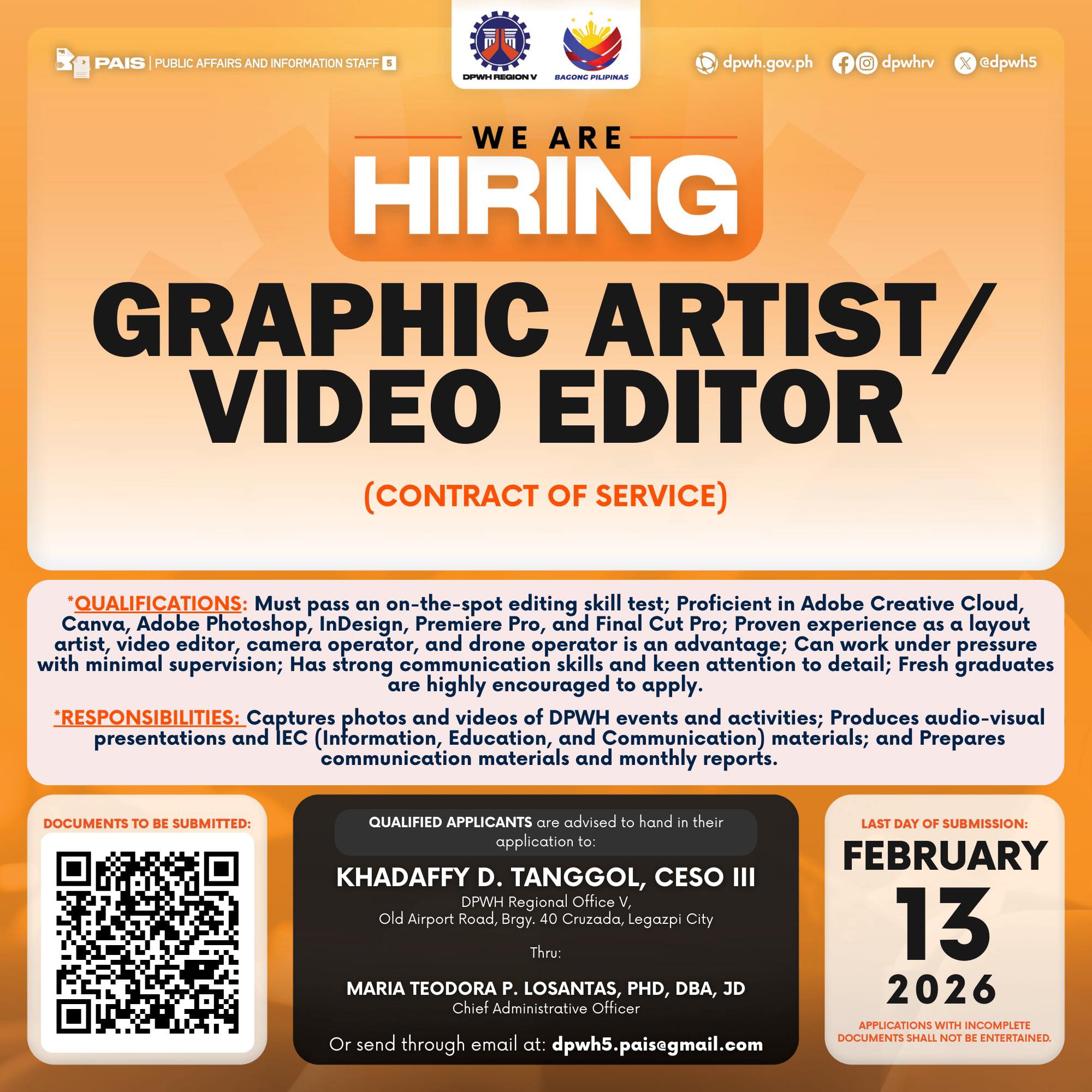DPWH - 𝐖𝐄 𝐀𝐑𝐄 𝐇𝐈𝐑𝐈𝐍𝐆 𝐆𝐑𝐀𝐏𝐇𝐈𝐂 𝐀𝐑𝐓𝐈𝐒𝐓/𝐕𝐈𝐃𝐄𝐎 𝐄𝐃𝐈𝐓𝐎𝐑! (ON JOB ORDER BASIS ...
