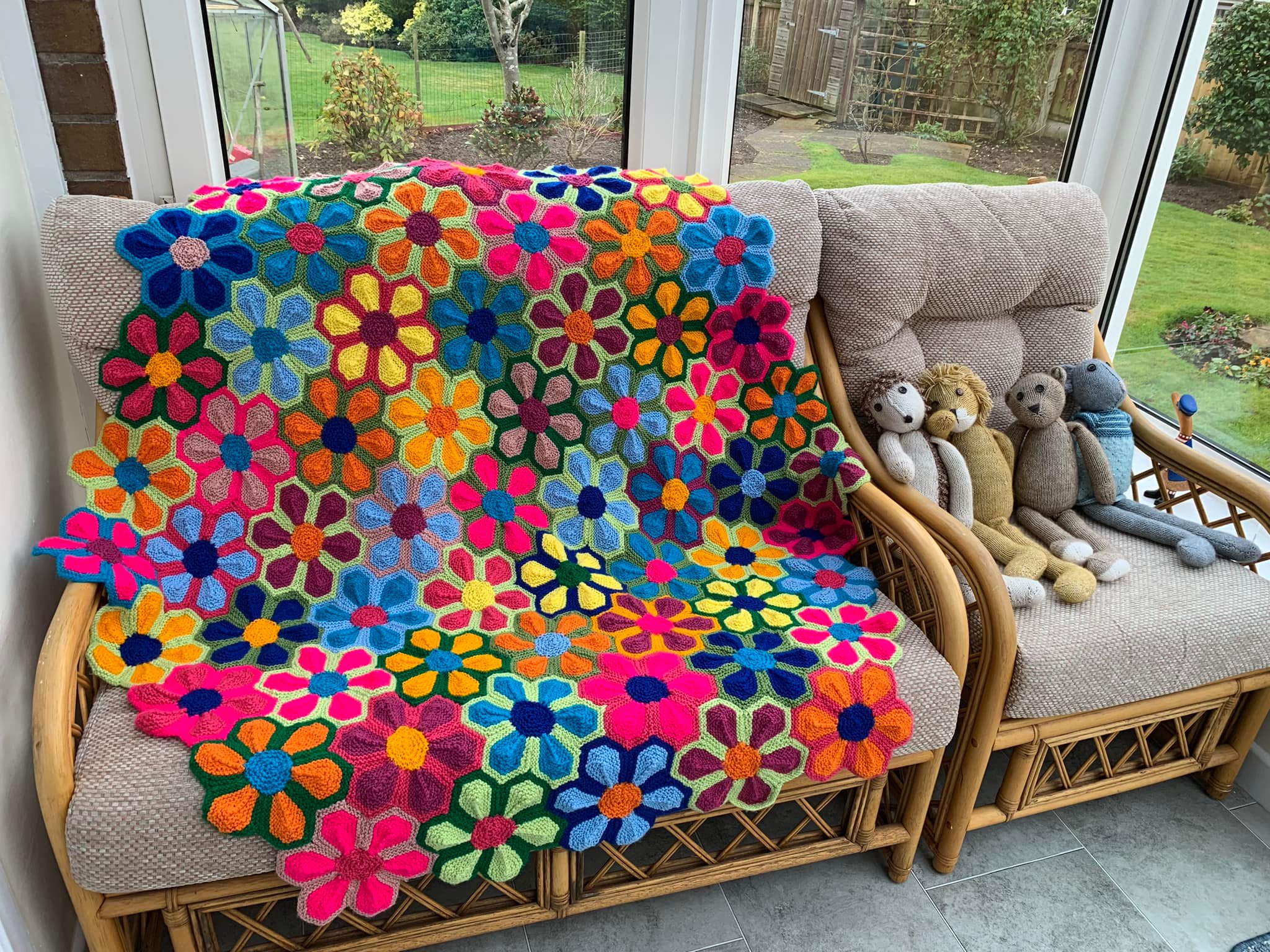 Finished bright Profusion blanket from Margaret Holzmann's book