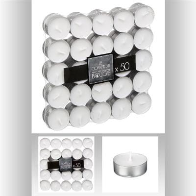 Cires Supports étain 50 Bougies Chauffe-plat Darice - Non Parfumées - 1,6x3, 8cm - Blanc Chauffe-plat Standard