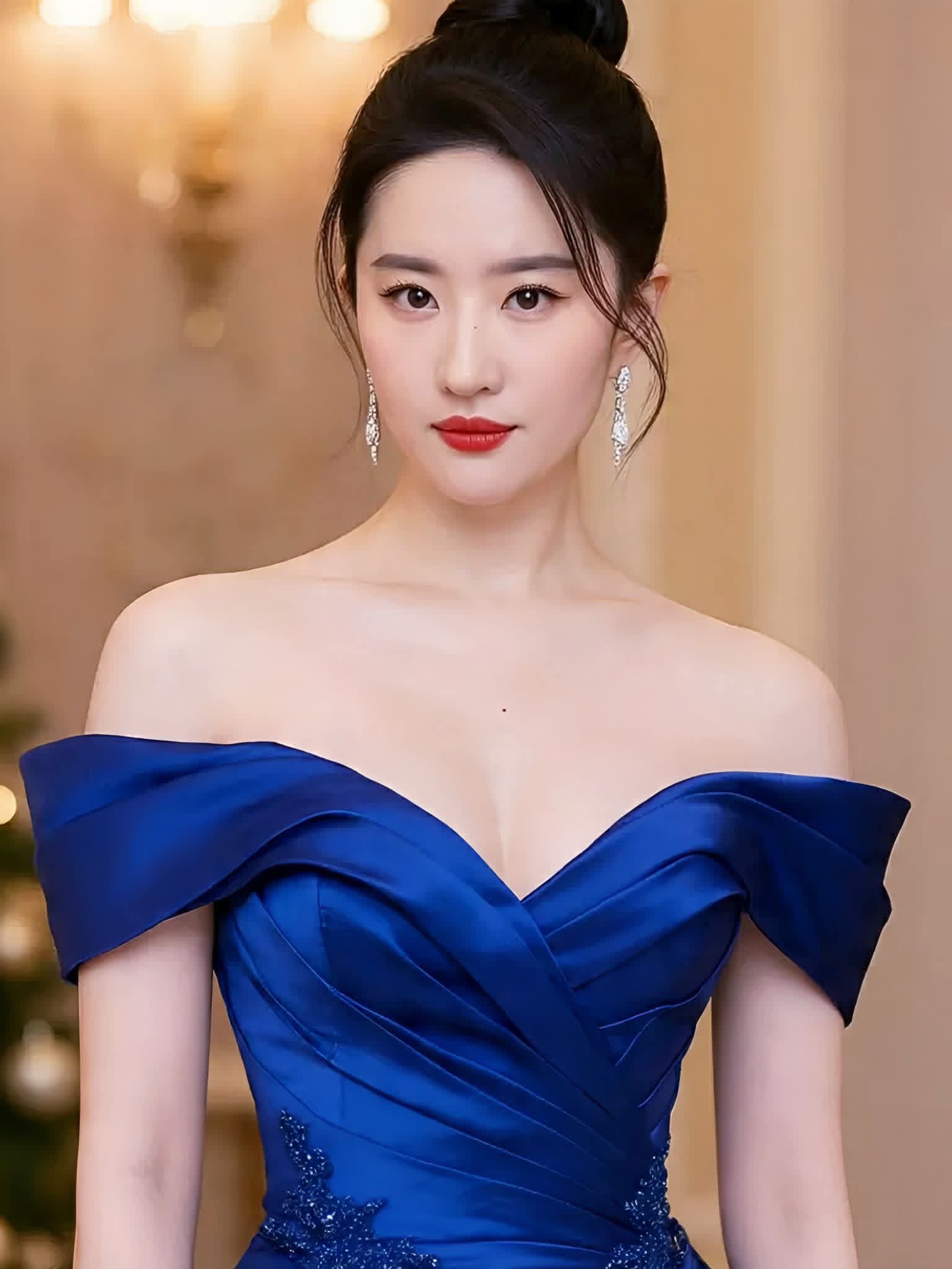 What lip and cheek colors pair well with blue dresses?