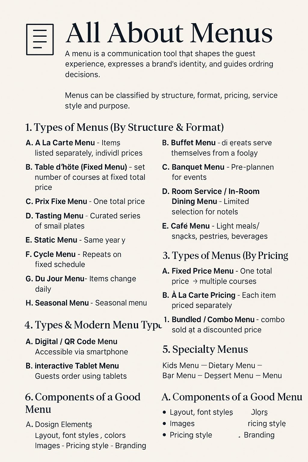 F&B TIPS GUIDE - All About Menus #knowledge #family... | Facebook