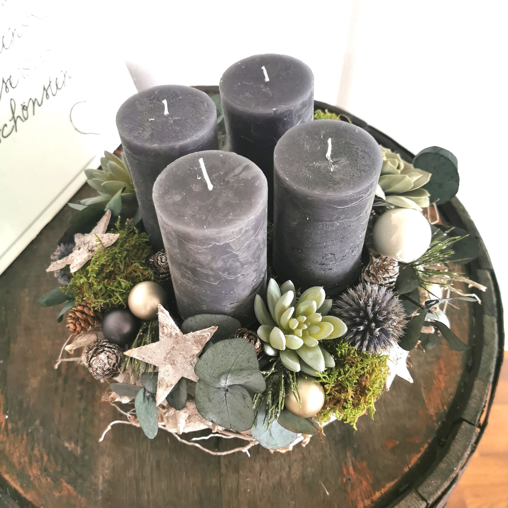 Haltbarer Adventskranz mit künstlichen, sehr echt aussehenden Sukkulenten, verschiedenen Tannenzapfen, Spiegelbeeren, Moos und Sternen usw verziert. In der Mitte habe ich Steckschaum angebracht und darauf die angedrahteten Kerzen eingesteckt. Die Deko