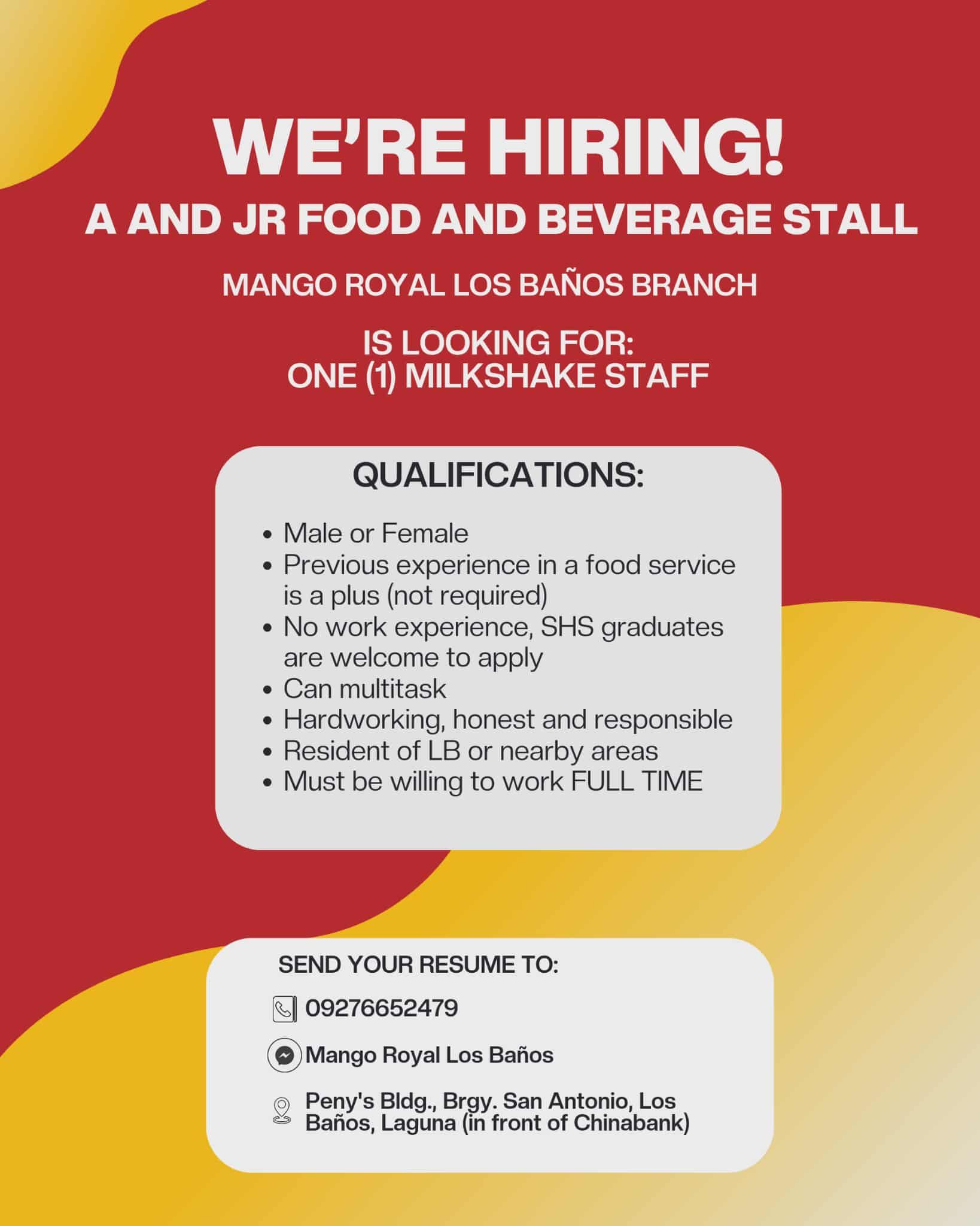 Mango - ‼️ WE ARE HIRING ONE (1) MILKSHAKE STAFF ‼️ QUALIFICATIONS ...