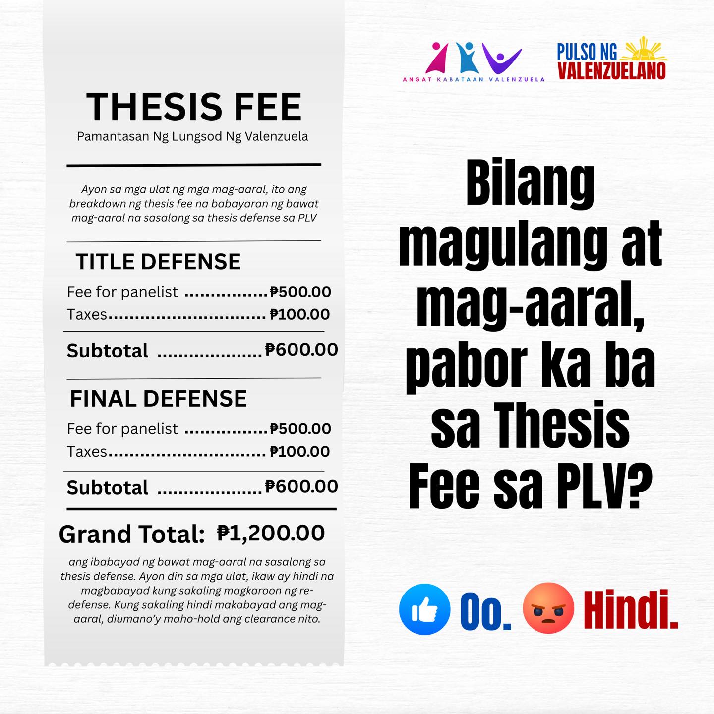 Angat - 📣 May report na umaabot ng ₱1,200 ang Thesis Fee sa PLV. May ...