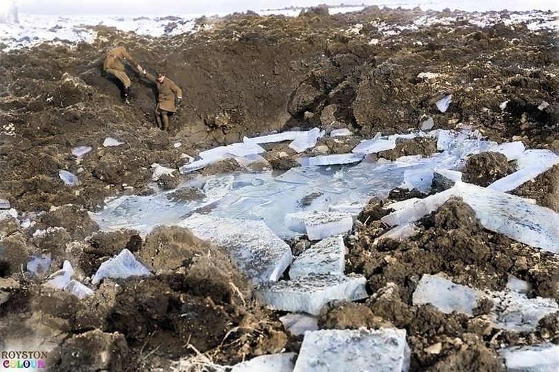 WW1 - December 1916 British Officers inspecting chunks of ice broken up ...