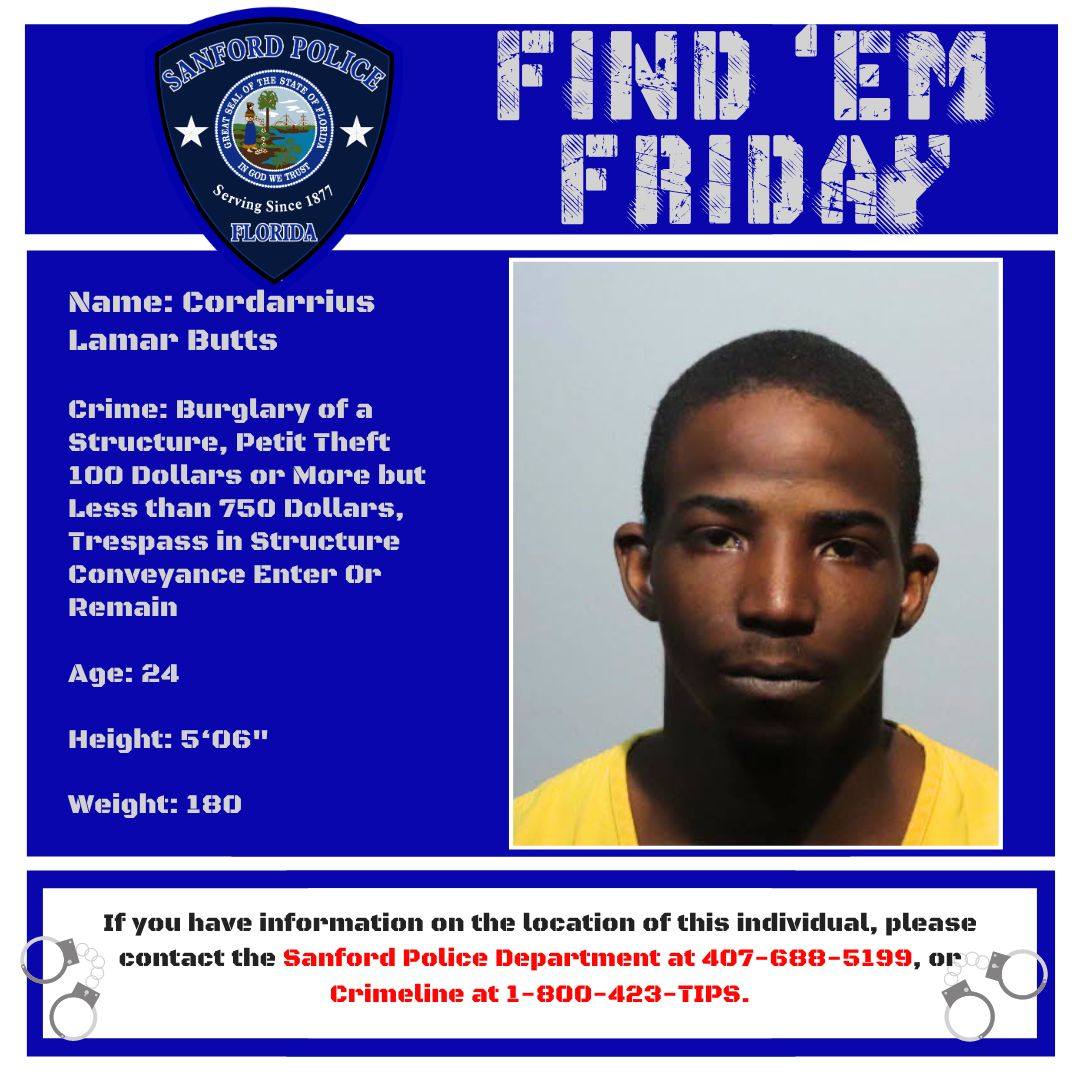 Wanted: Cordarrius Lamar Butts for burglary in Sanford, Florida