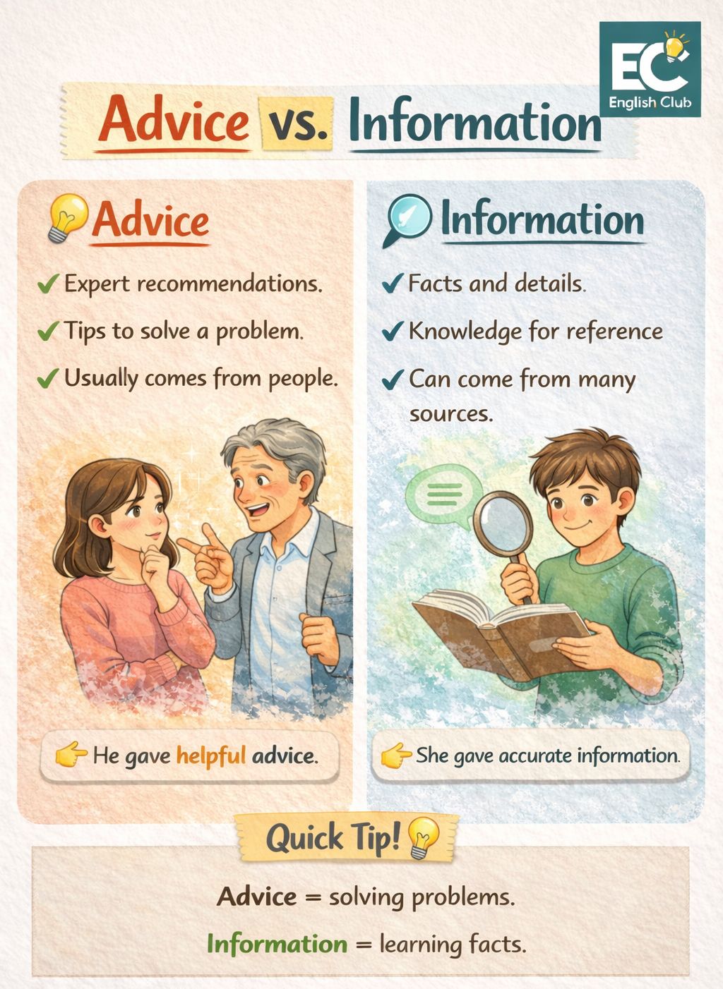 English Club - 💡 Advice vs. Information — know the... | Facebook