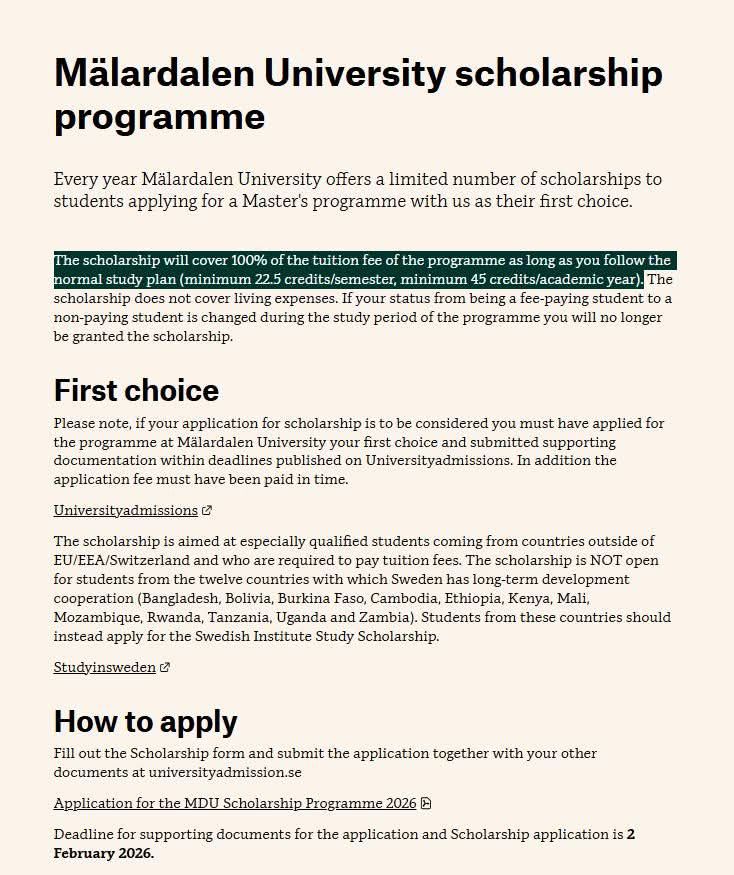 Motivational - Mälardalen University Scholarship Programme 2026 (Sweden ...