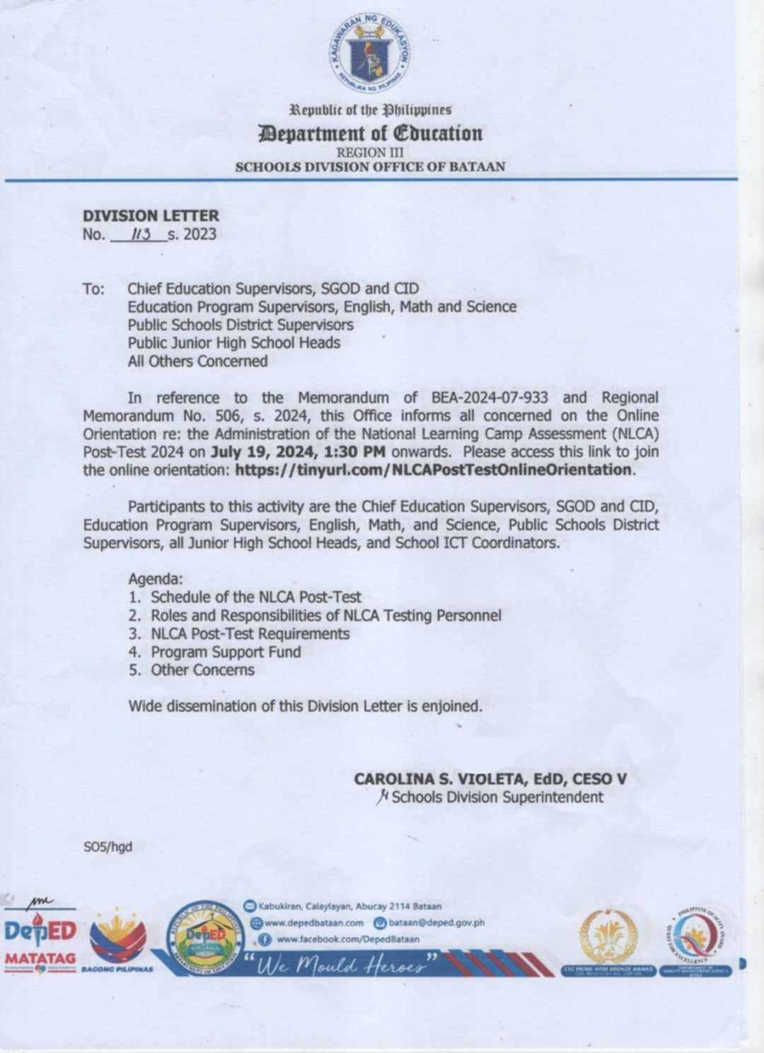 DepEd-Bataan - Division Letter No. 113, s. 2024 ONLINE... | Facebook