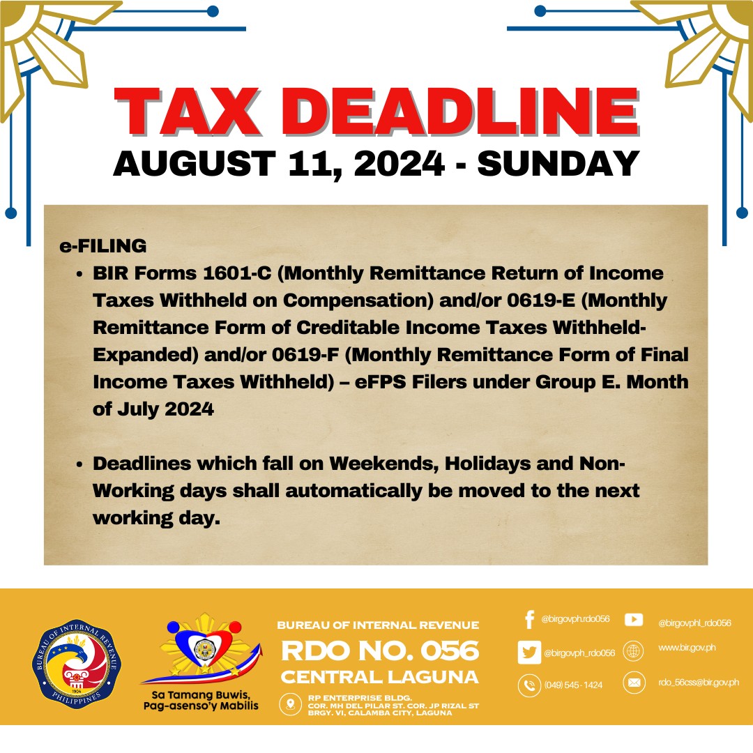 BIR Tax Deadline Aug 11, 2024 Sunday e-FILING BIR Forms 1601-C (Monthly ...