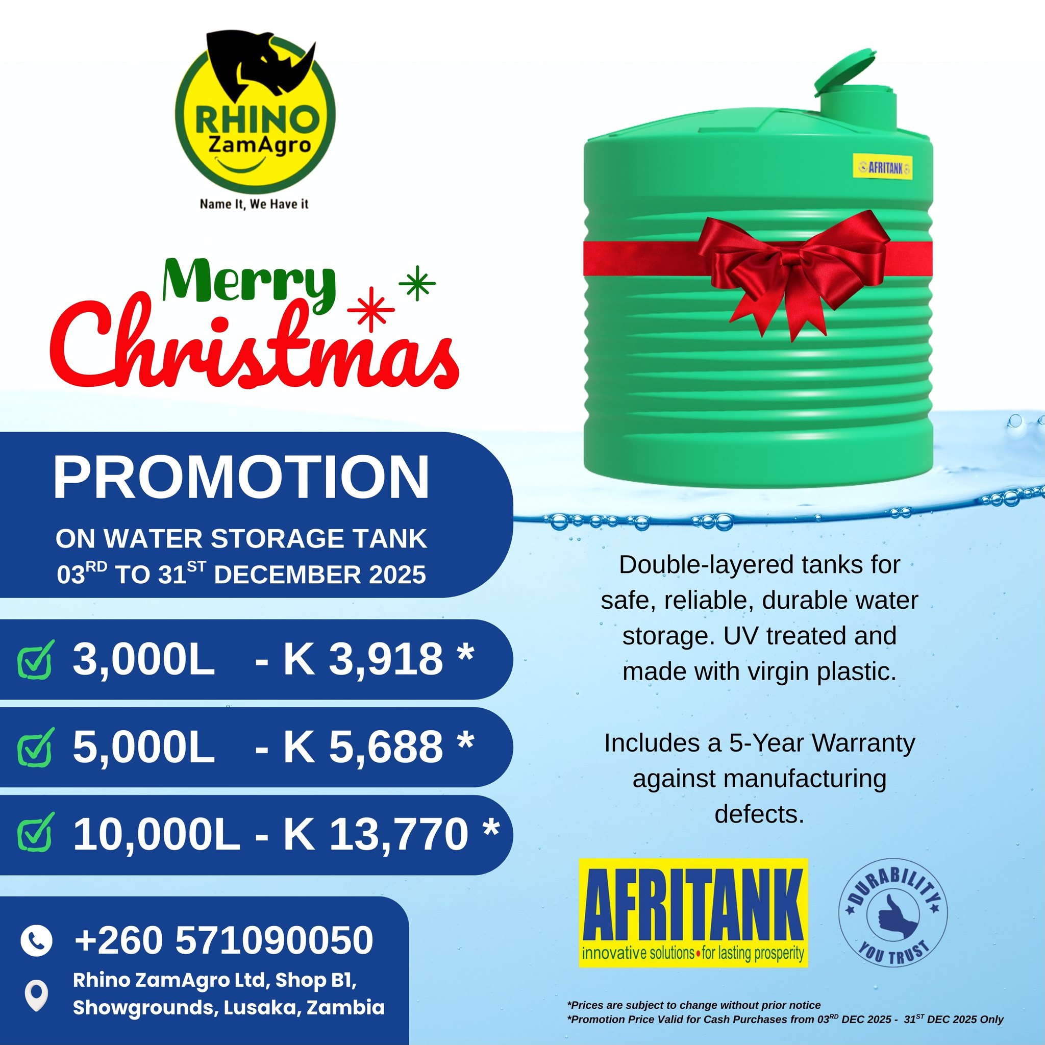 Rhino ZamAgro - 🎅🏼 Santa’s Special Water Tank Offer! This... | Facebook