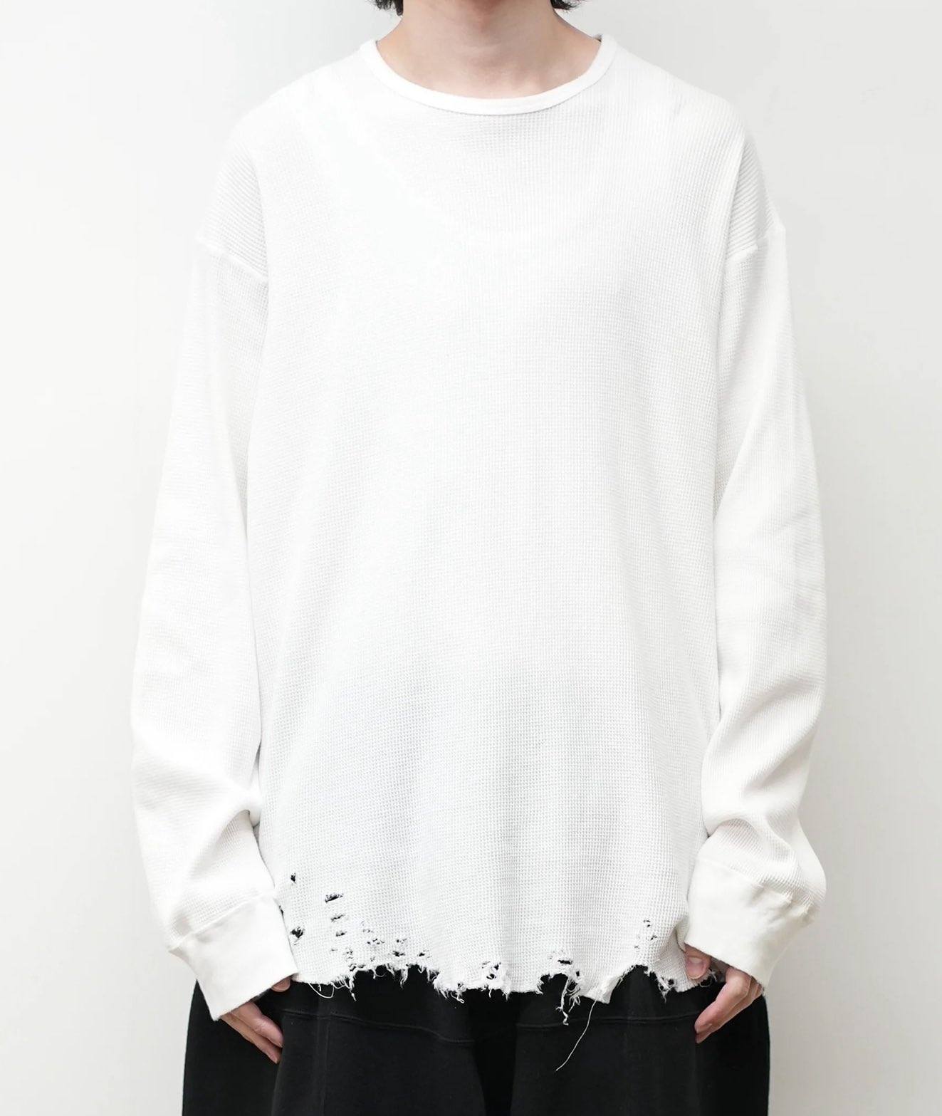 ANCELLM DAMAGE WAFFLE CREW LS, WHITE #knit_JiminOutfits