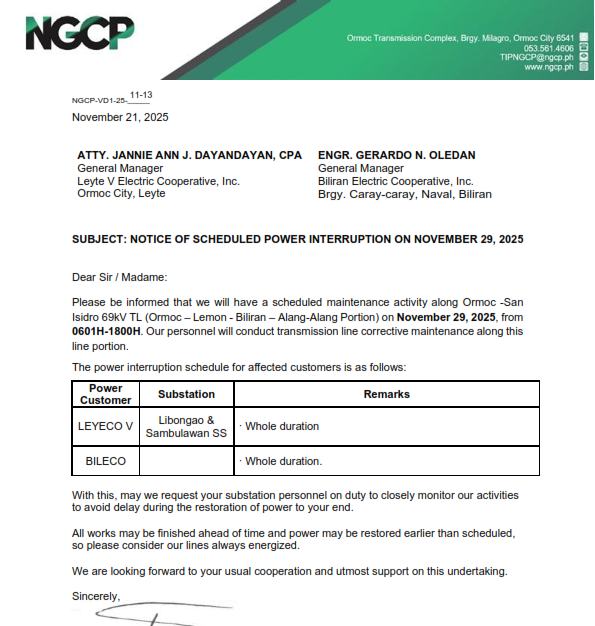 Biliran - PAHIBALO SA TANANG MCOs What: NGCP scheduled power ...