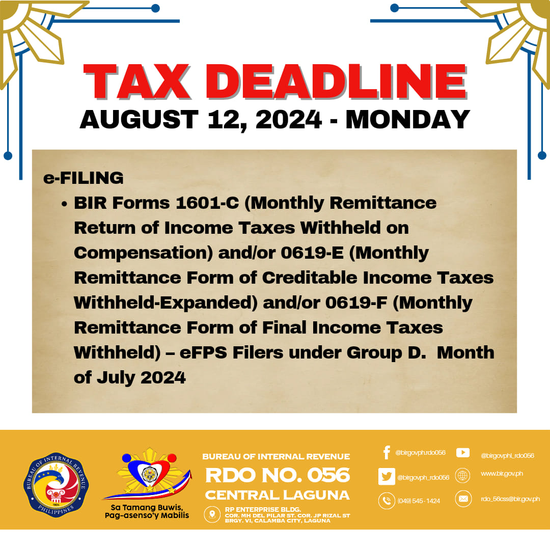 BIR Tax Deadline Aug 12, 2024 Monday e-FILING BIR Forms 1601-C (Monthly ...