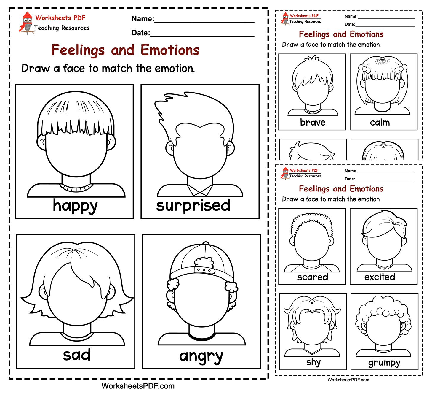 Worksheets PDF - Draw a face to match the Emotion ...
