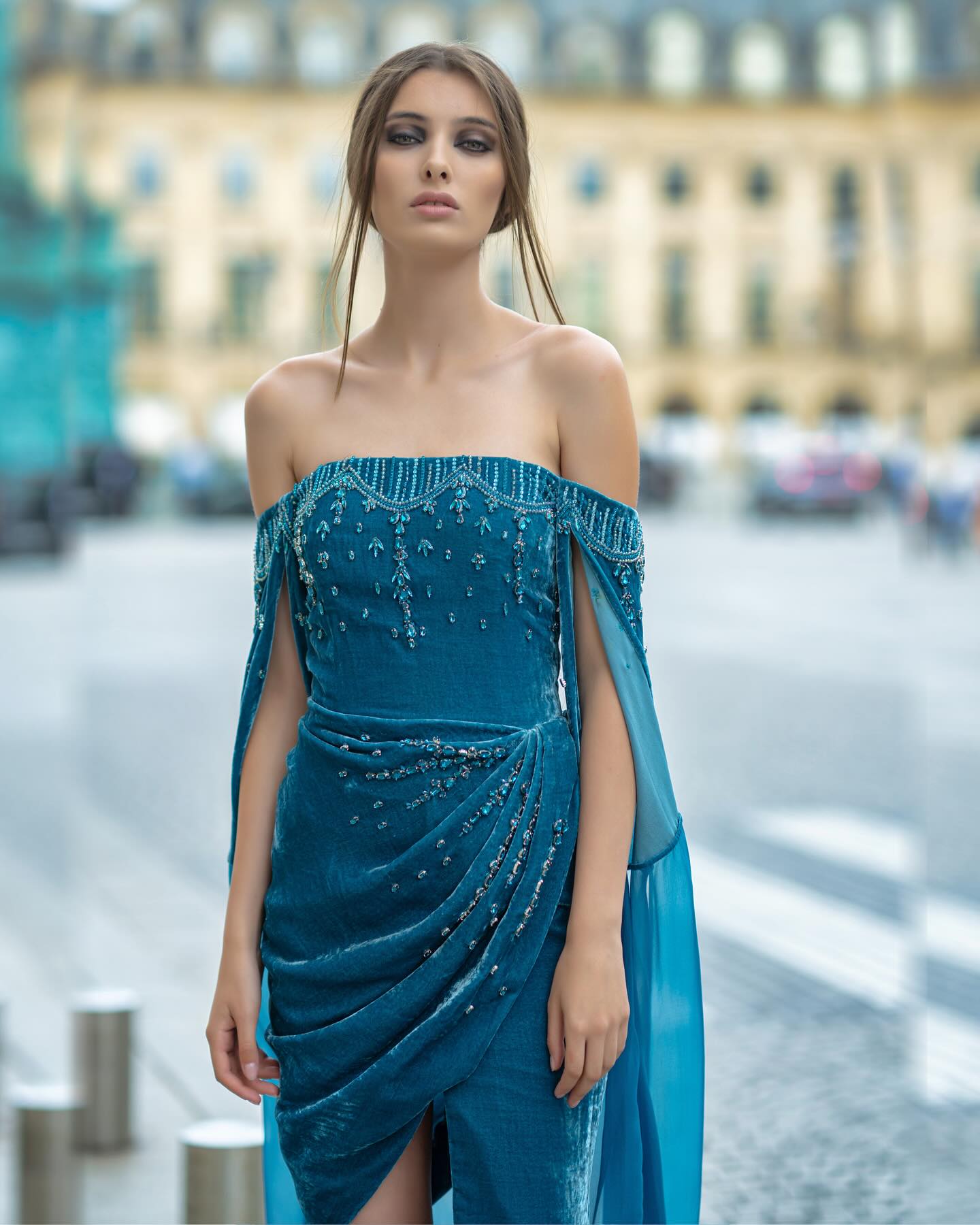 dany blue dress ATRACHE COUTURE Fall Winter 2024 Couture Collection Pure silk velvet embroidered with Swarovski crystals #DanyAtrache #Couture #VelvetDress #ParisFashionWeek #CoutureDress Size:16 Lrg 32-33 Sleeve Retail as Theater: A this blue dress features bodycon hoco dresses