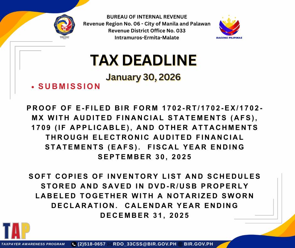 TAX DEADLINE January 30, 2026 SUBMISSION Proof of e-Filed BIR Form 1702 ...