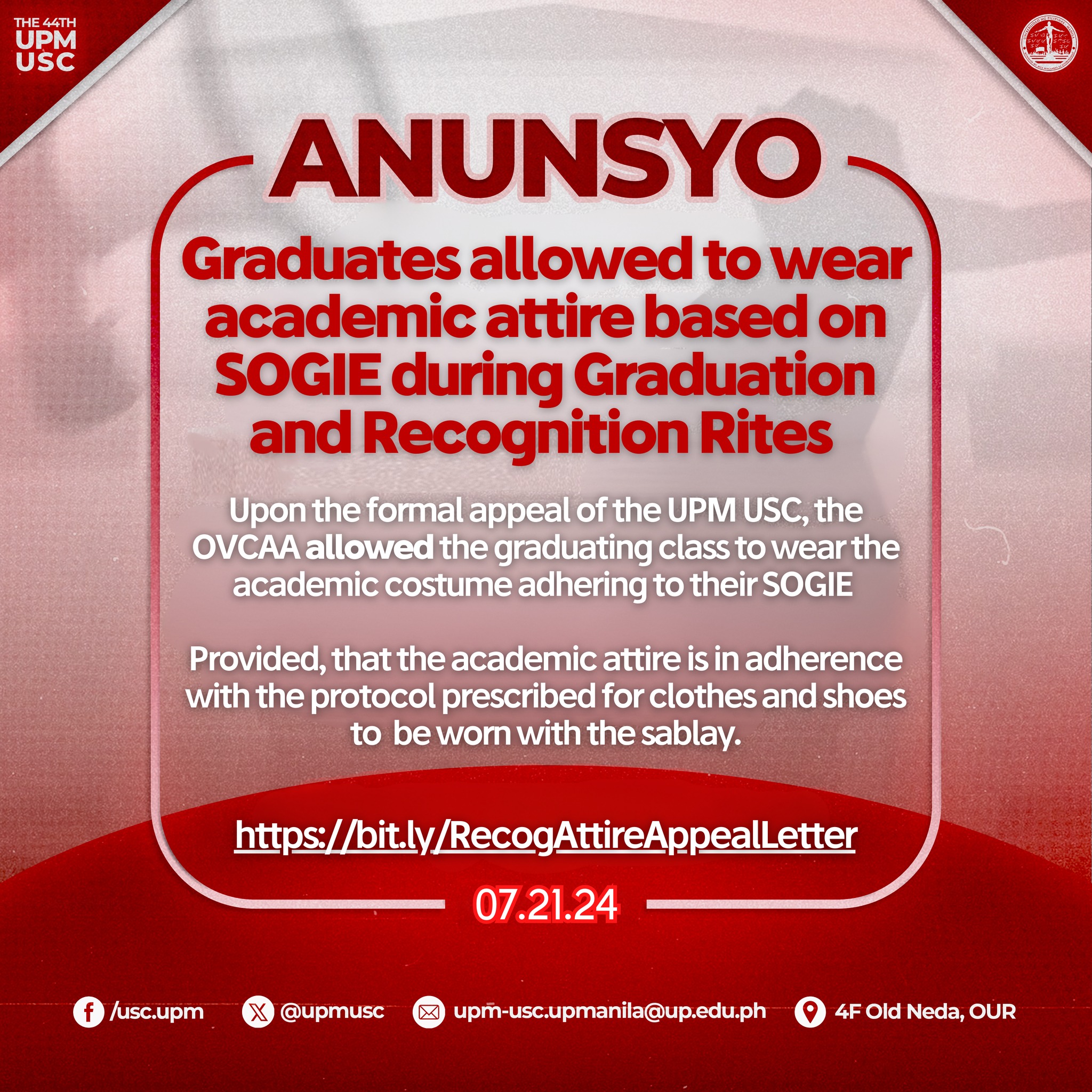 UP - ANUNSYO | Graduates allowed to wear academic attire based on SOGIE ...