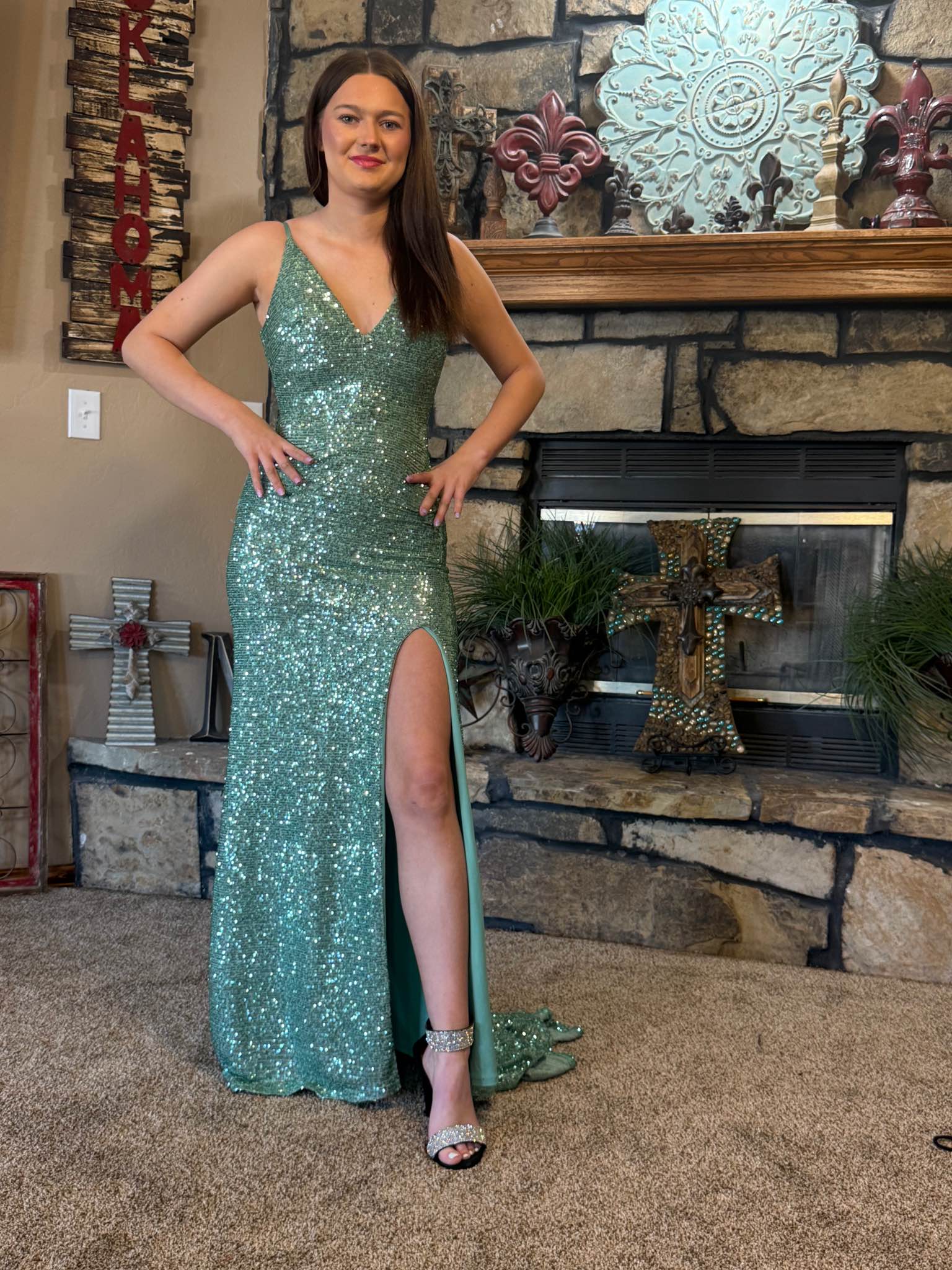 open lace back dress Nox Anabel R1717 Sequined Long Mermaid Prom Dress Dusty Sage / 8