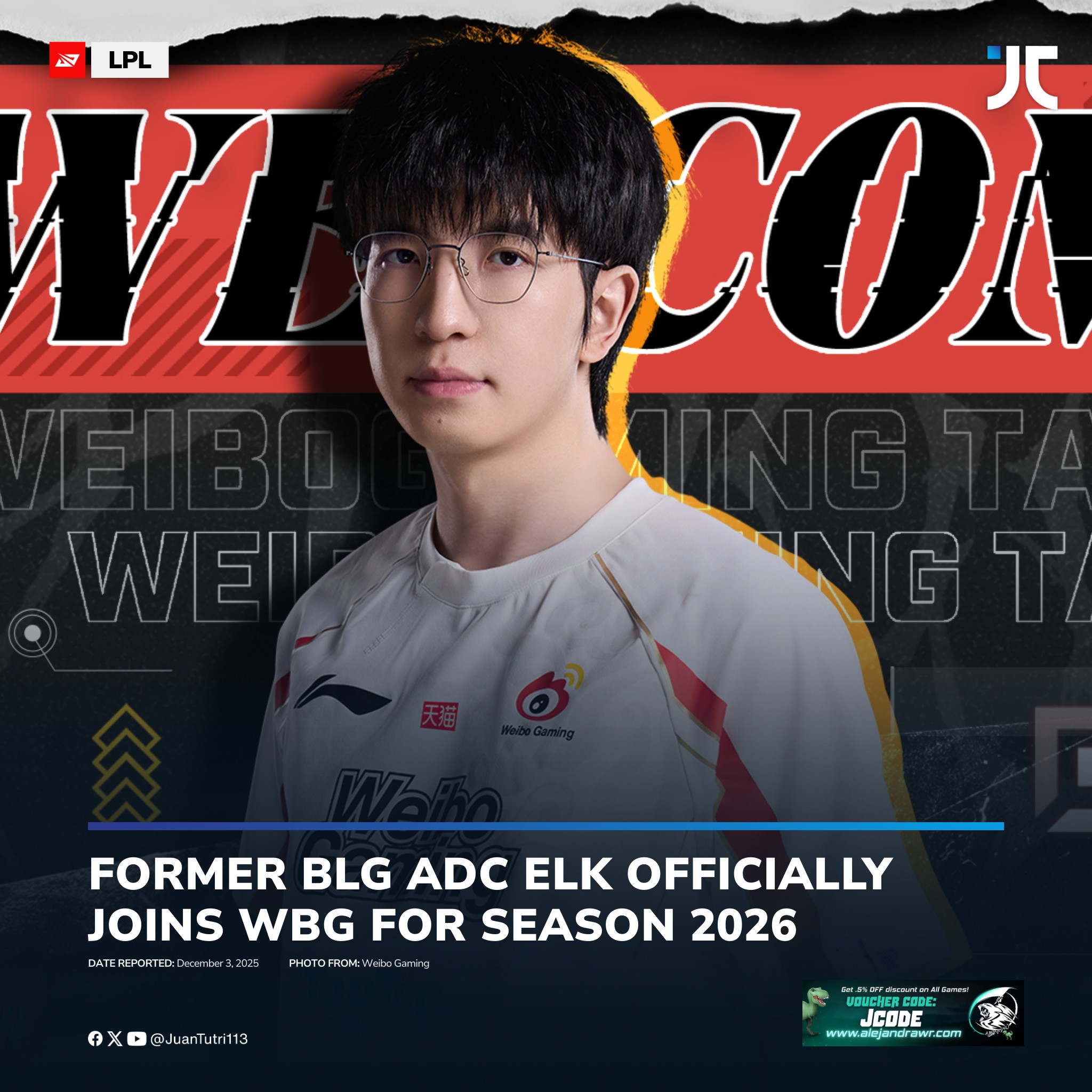 JC - [OFFICIAL] WBG Elk. Bilibili Gaming's former ADC,... | Facebook