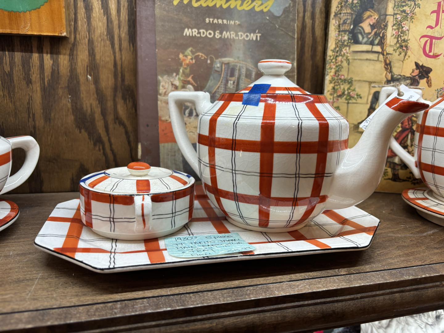 1930's TT Takito Hand Painted Plaid Nesting Bowls, Shakers