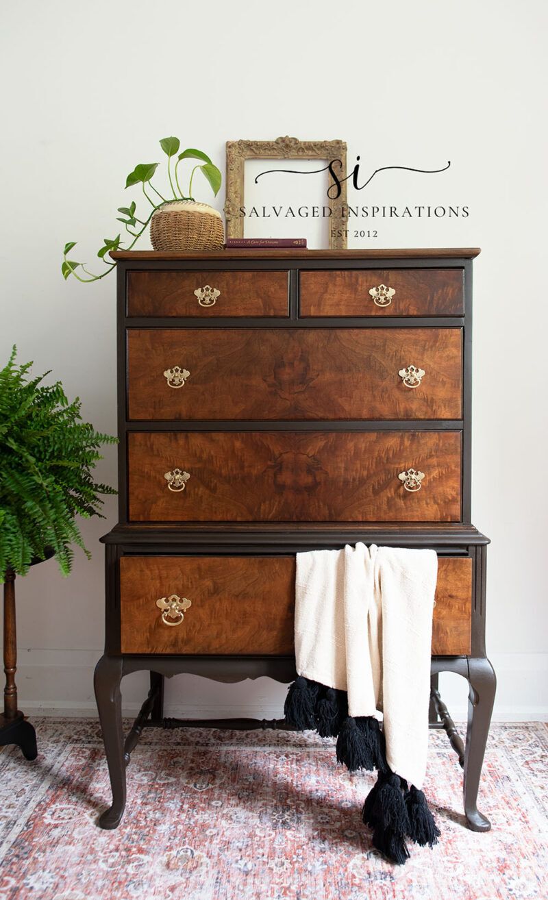 Here's how I repaired this vintage tallboy dresser and gave it a lovely makeover using stain and paint. #diy #homedecor #furnituredesign #furnitureflip #furnituremakeover #FurnitureRestoration #furniturerepair