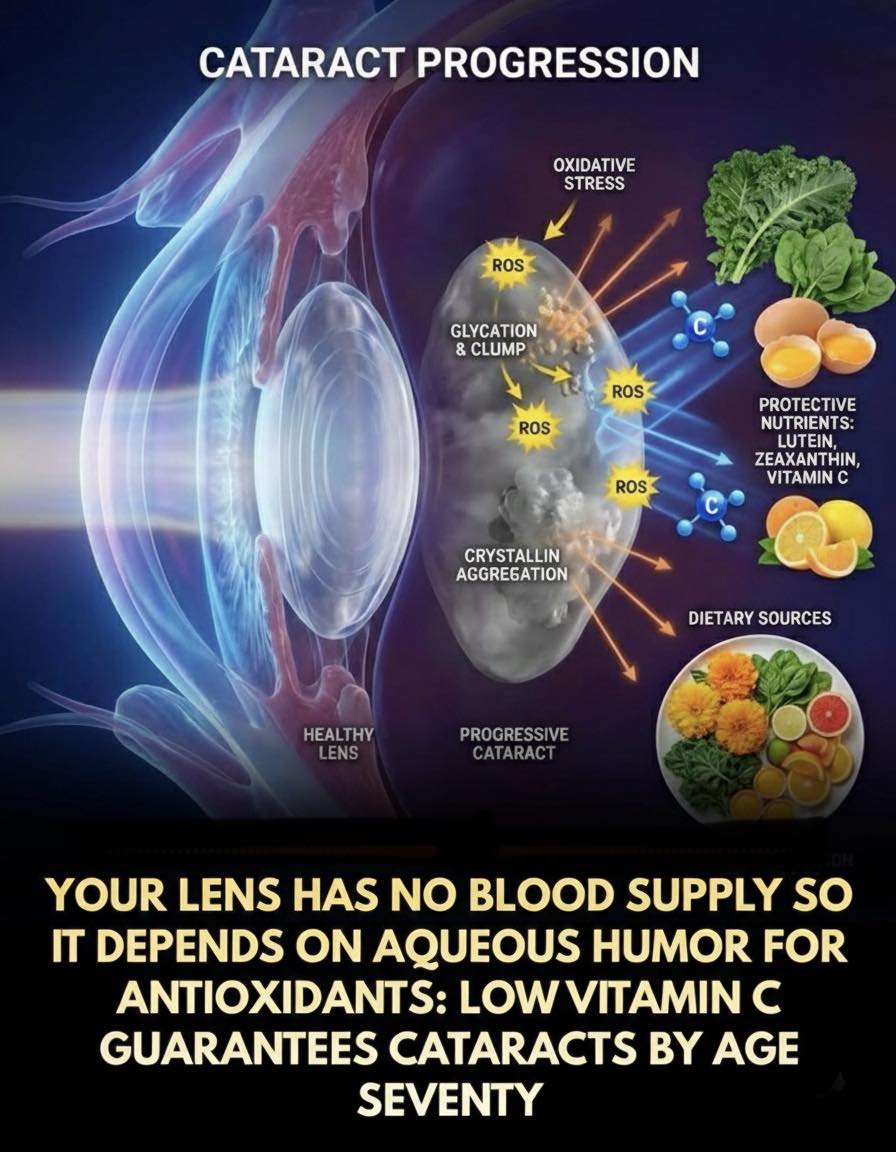 Cataracts are the leading cause of blindness worldwide, affecting 30+ million Americans by 2026. They form when lens proteins oxidize and aggregate, creating opaque clumps that block light. The lens has no
