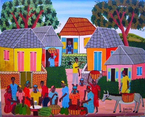 Vibrant Haitian folk art painting on canvas by artist L.Y. Alaby