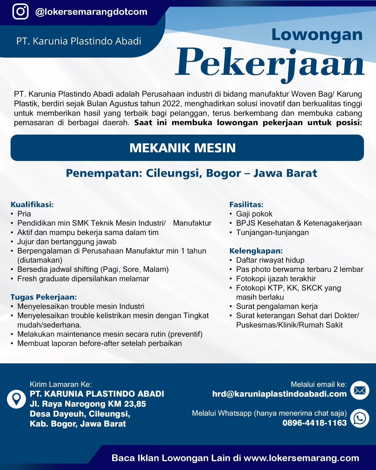 PT. Karunia Plastindo Abadi... - Lowongan Kerja Semarang | Facebook