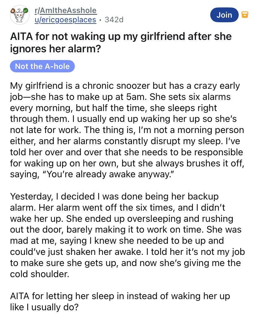 AITA for not 🤗 waking ⭐ up my... - Story Ethics Forum | Facebook