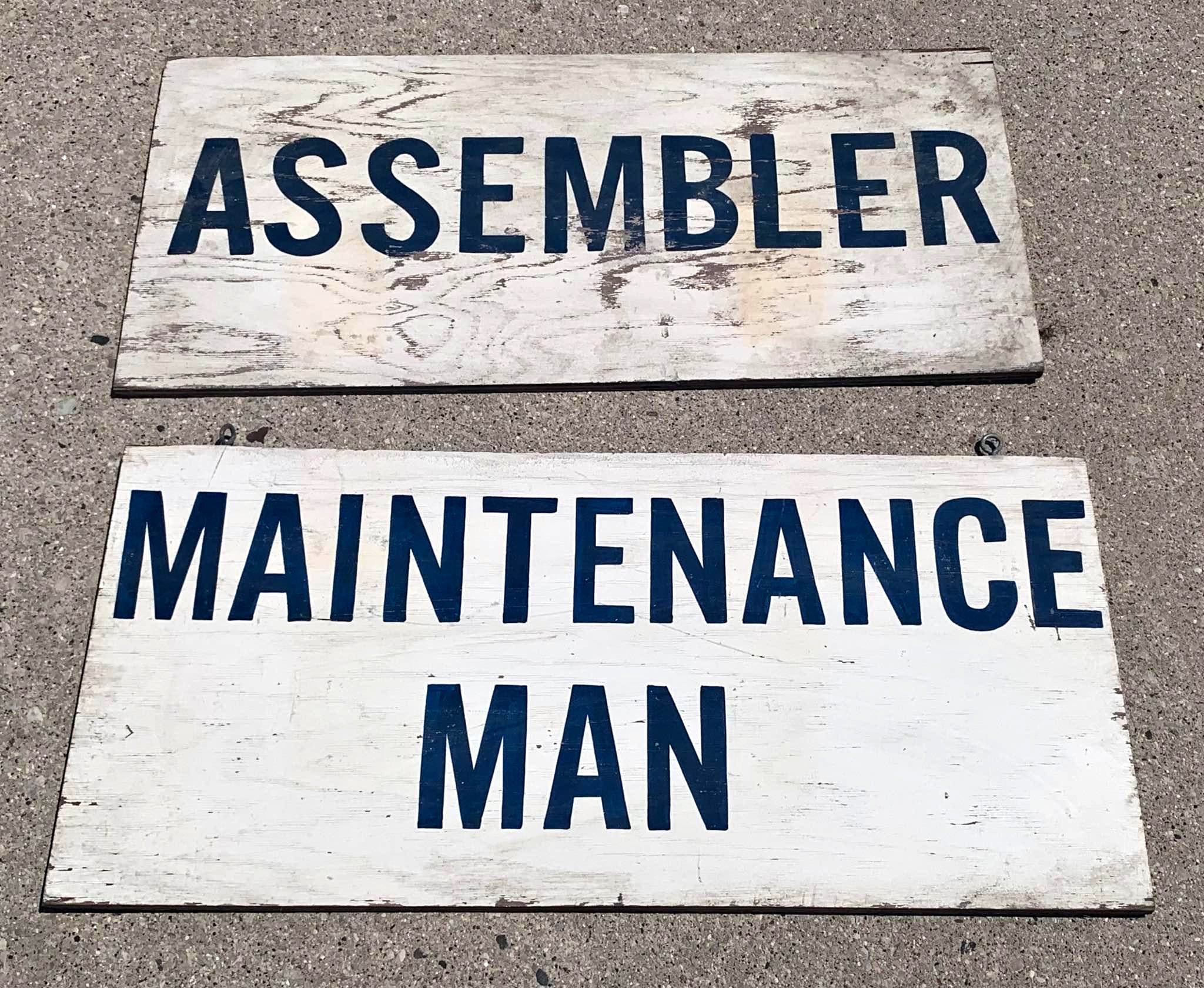 Vintage Maintenance Man & Assembler Painted Wooden Signs 32” x 16 ...