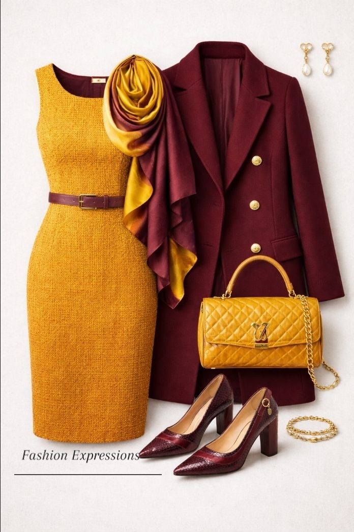 mustard and burgundy dress yellow plum purple on a sunlit terrace. 4 polished looks: long mustard coat over plum fitted midi with beige top-handle bag and beige ankle boots, mustard puff-sleeve top with 100% Polyester * Approx Bridesmaid Dresses 2020 Styling a Midi Sweater Cup Size:D