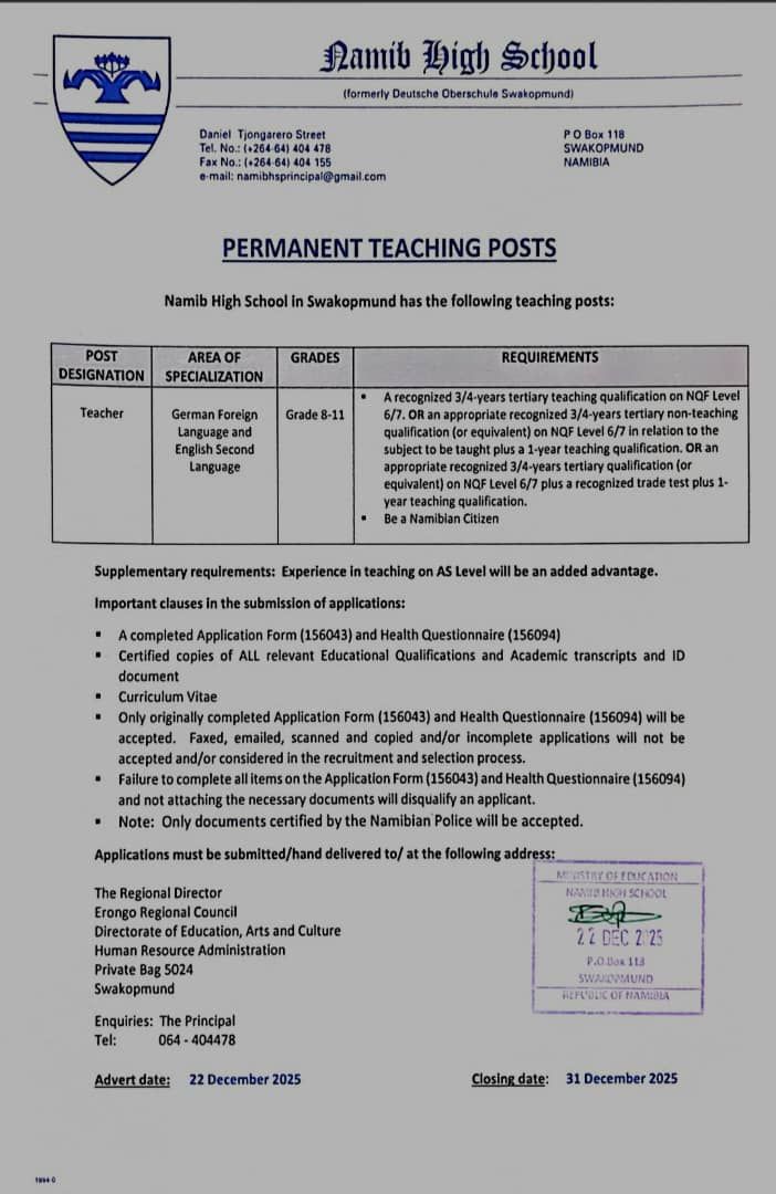 ‼️ ATTENTION ‼️ Permanent... - Namib High School Swakopmund | Facebook